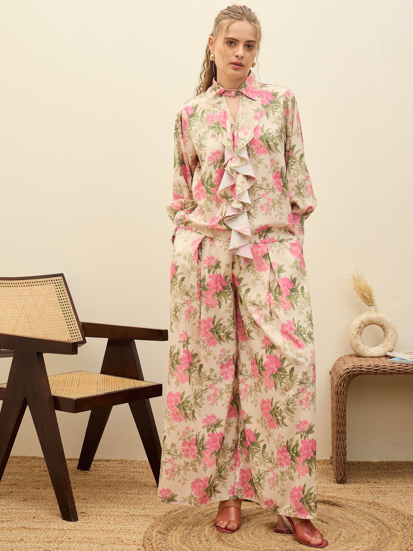 Women Beige Floral Top With Flared Pants