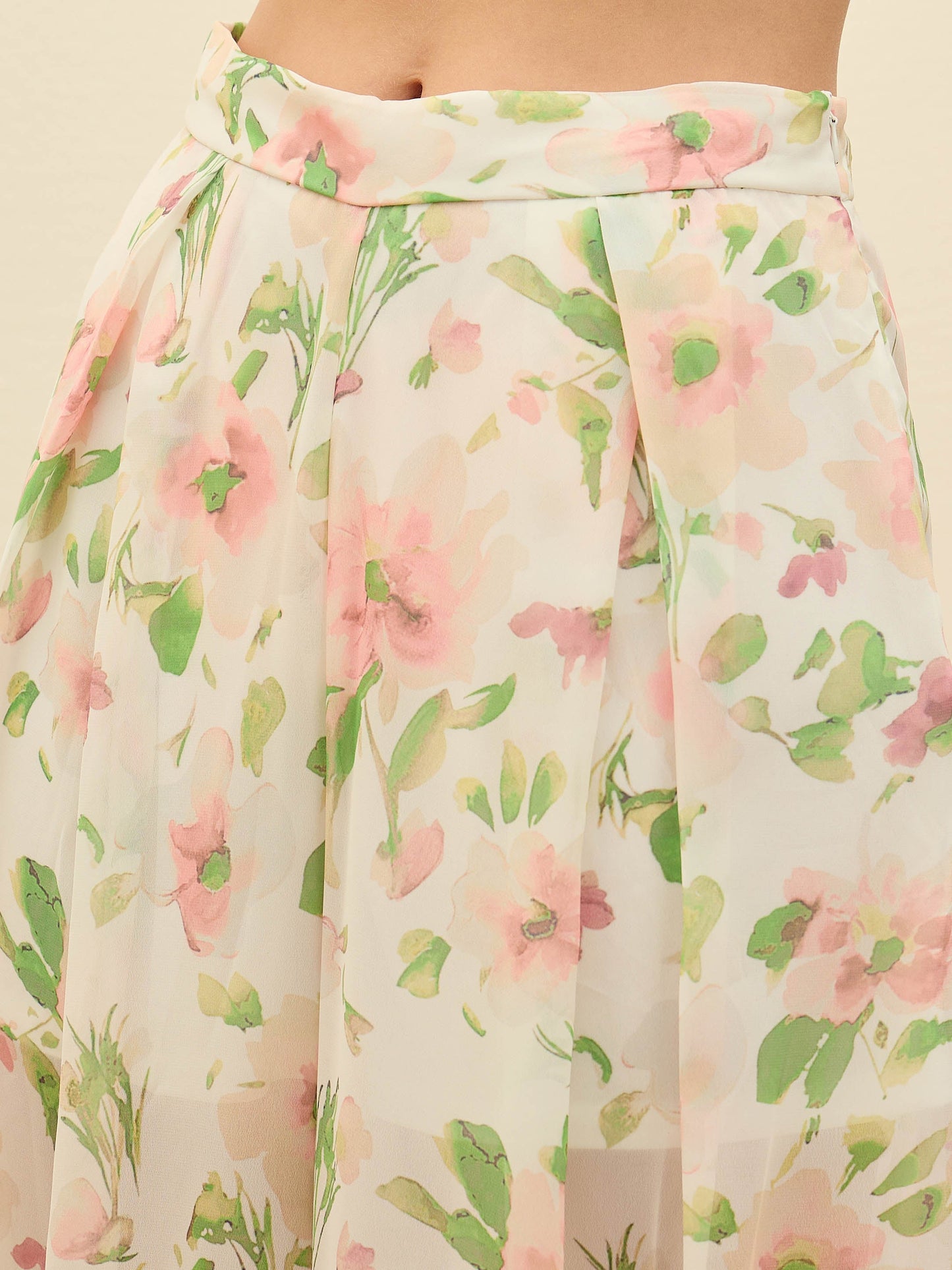 Women White Floral Long Top With Flared Pants