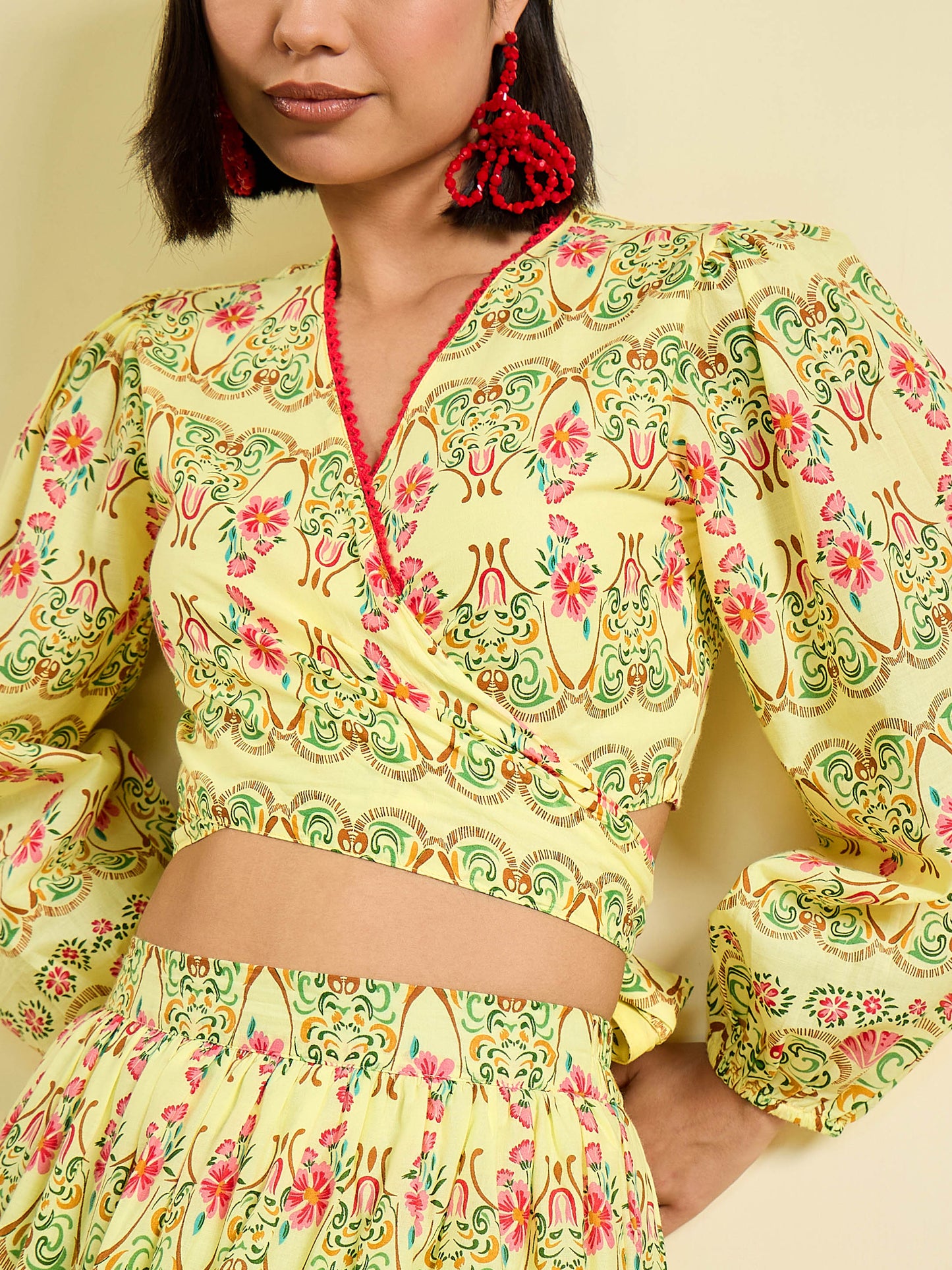 Women Yellow Floral Wrap Top With Tiered Skirt