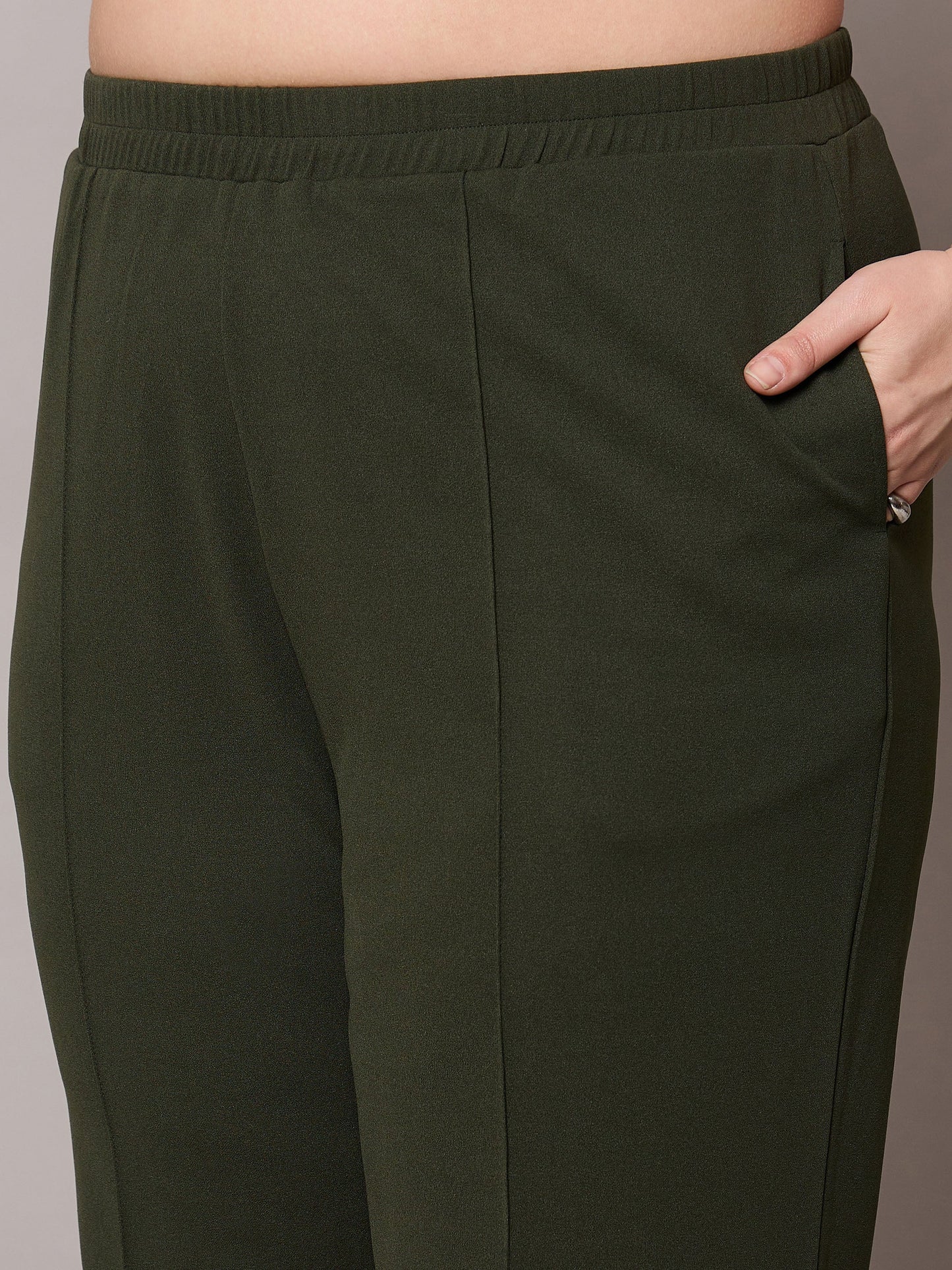 Olive Front Buckle Top With Straight Pants