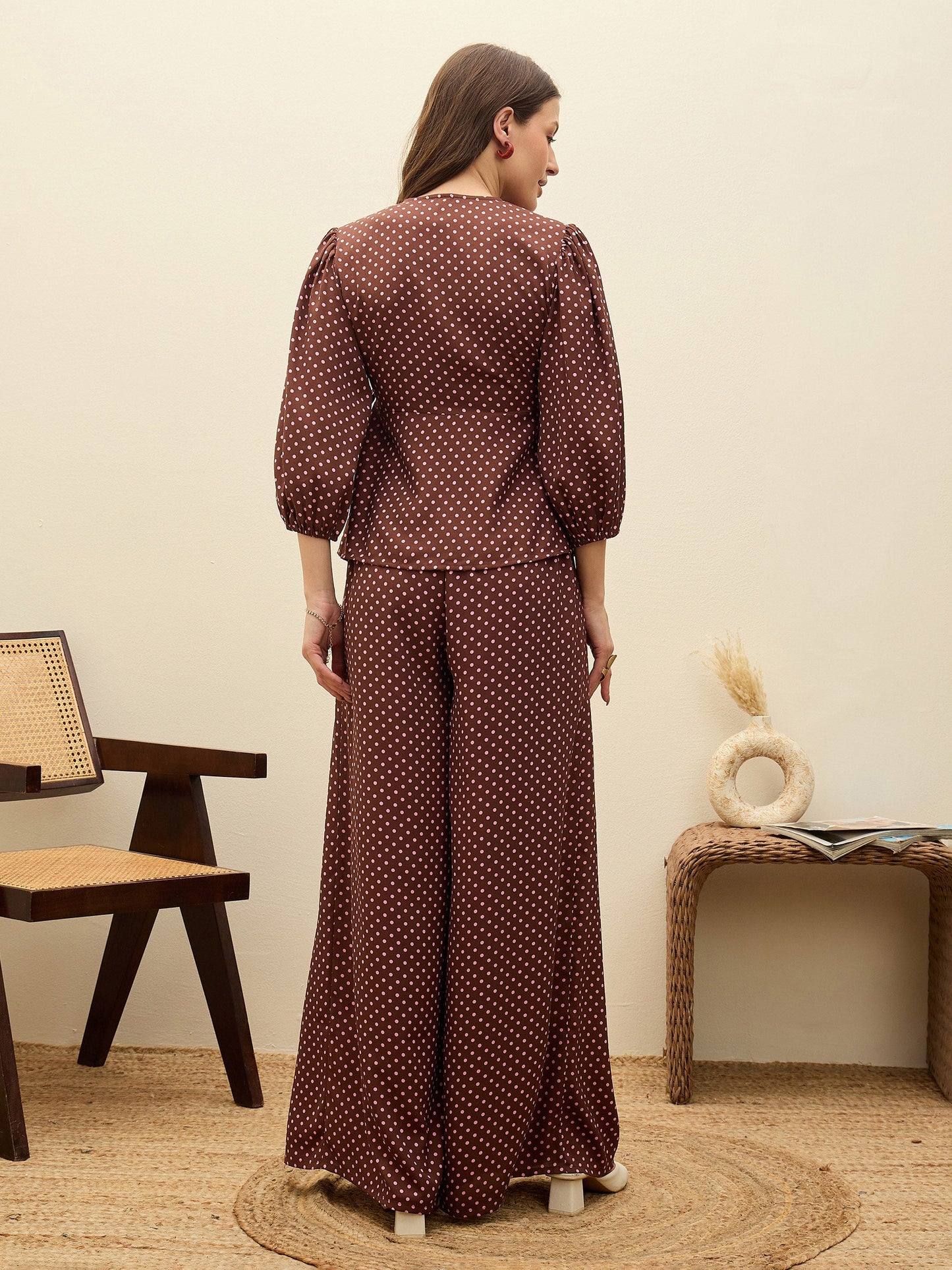 Women Brown Polka Dot Wrap Top With Flared Pants