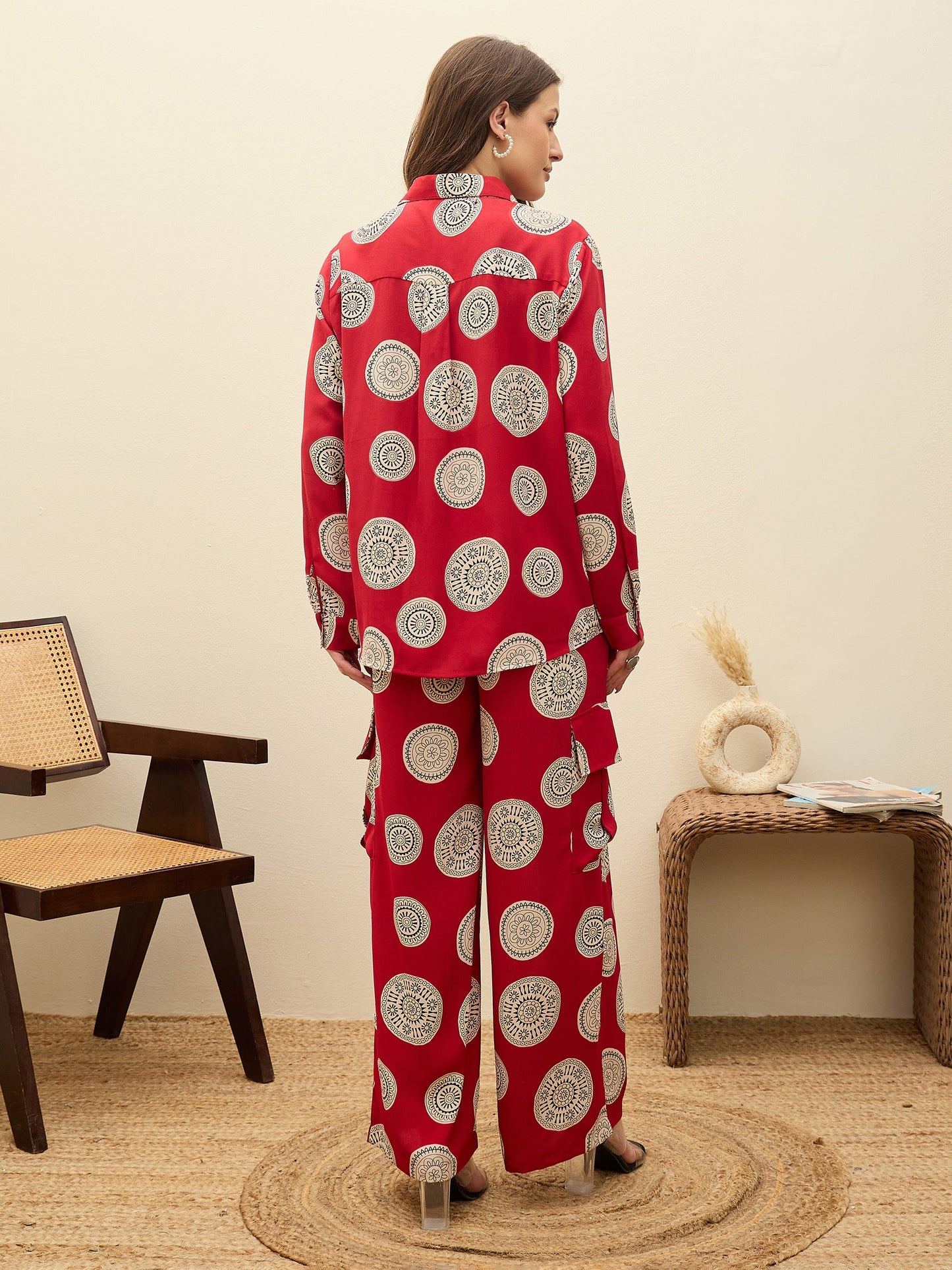 Women Maroon Printed Oversize Shirt With Box Pocket Pants