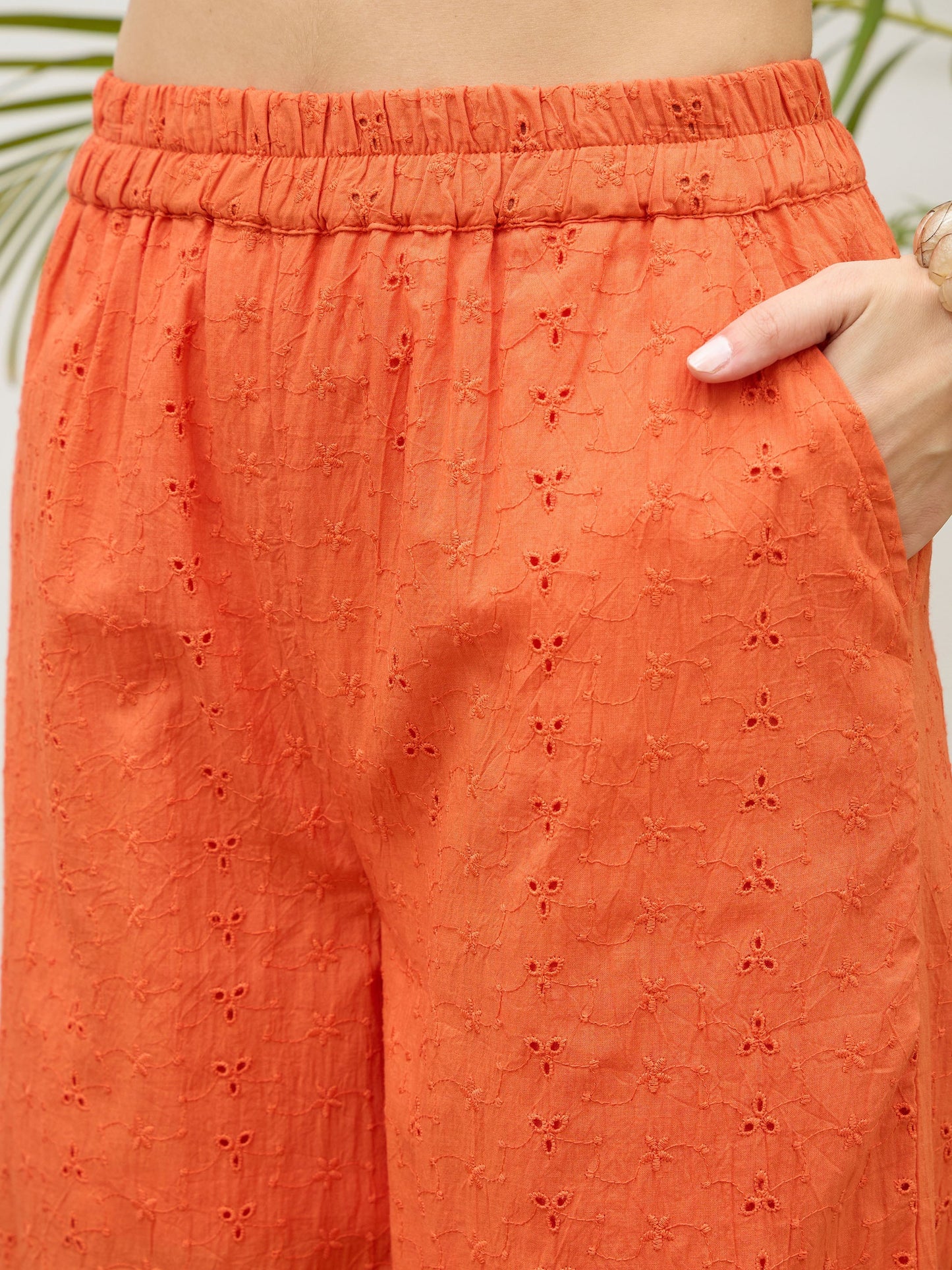 Women Orange Schiffli Tiered Shirt With Palazzo Pants