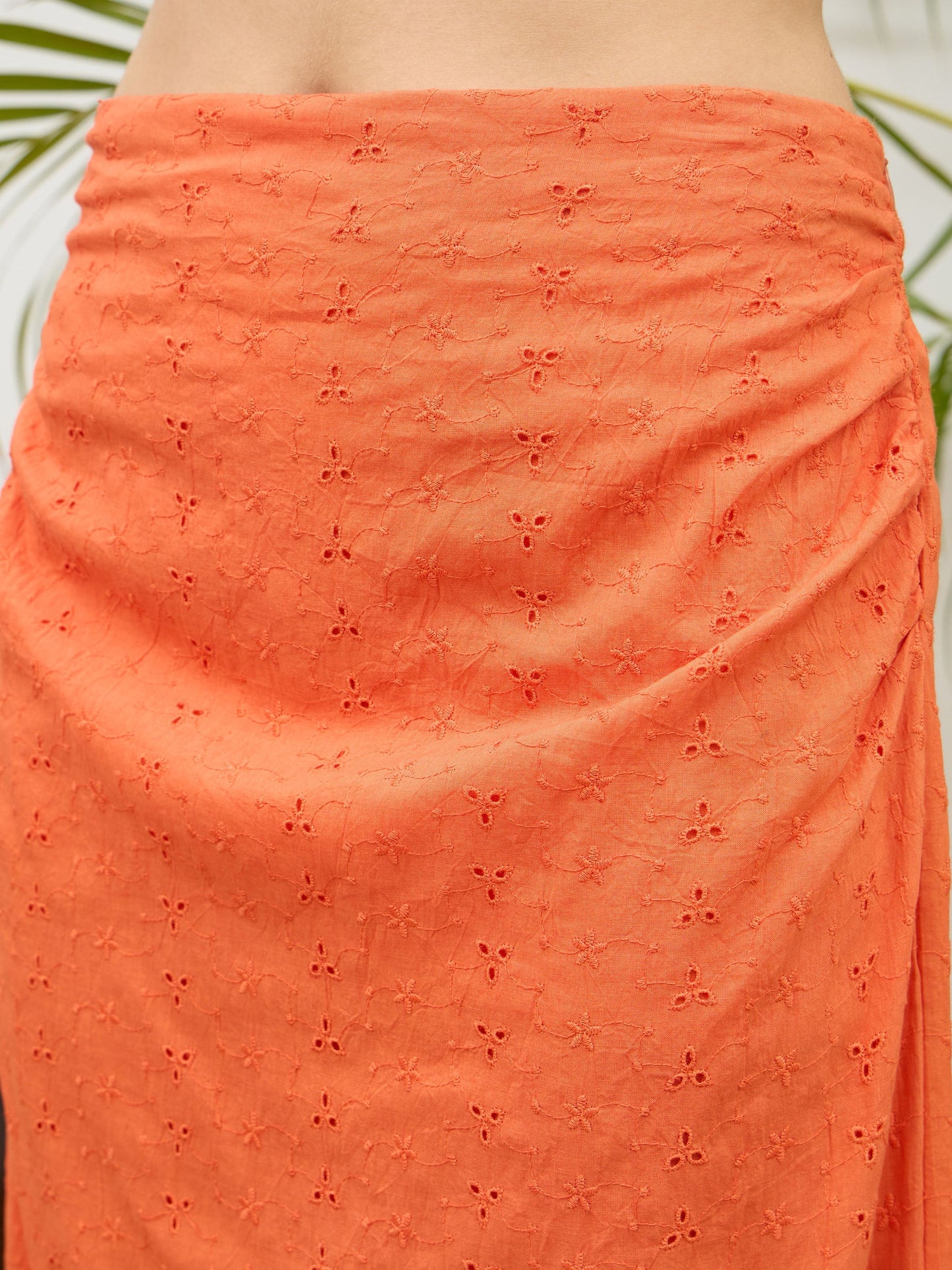 Women Orange Schiffli Shirt with Skirt