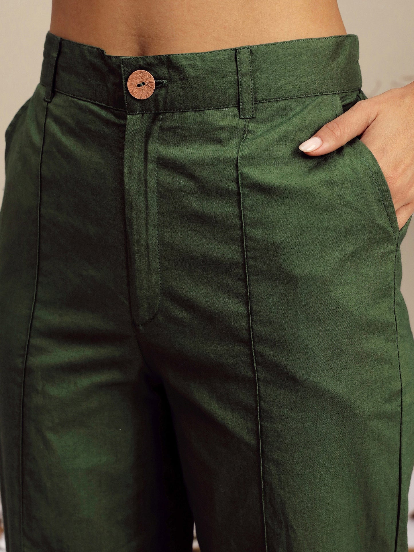 Women Olive Poplin Embroidered Shirt With Pencil Pants