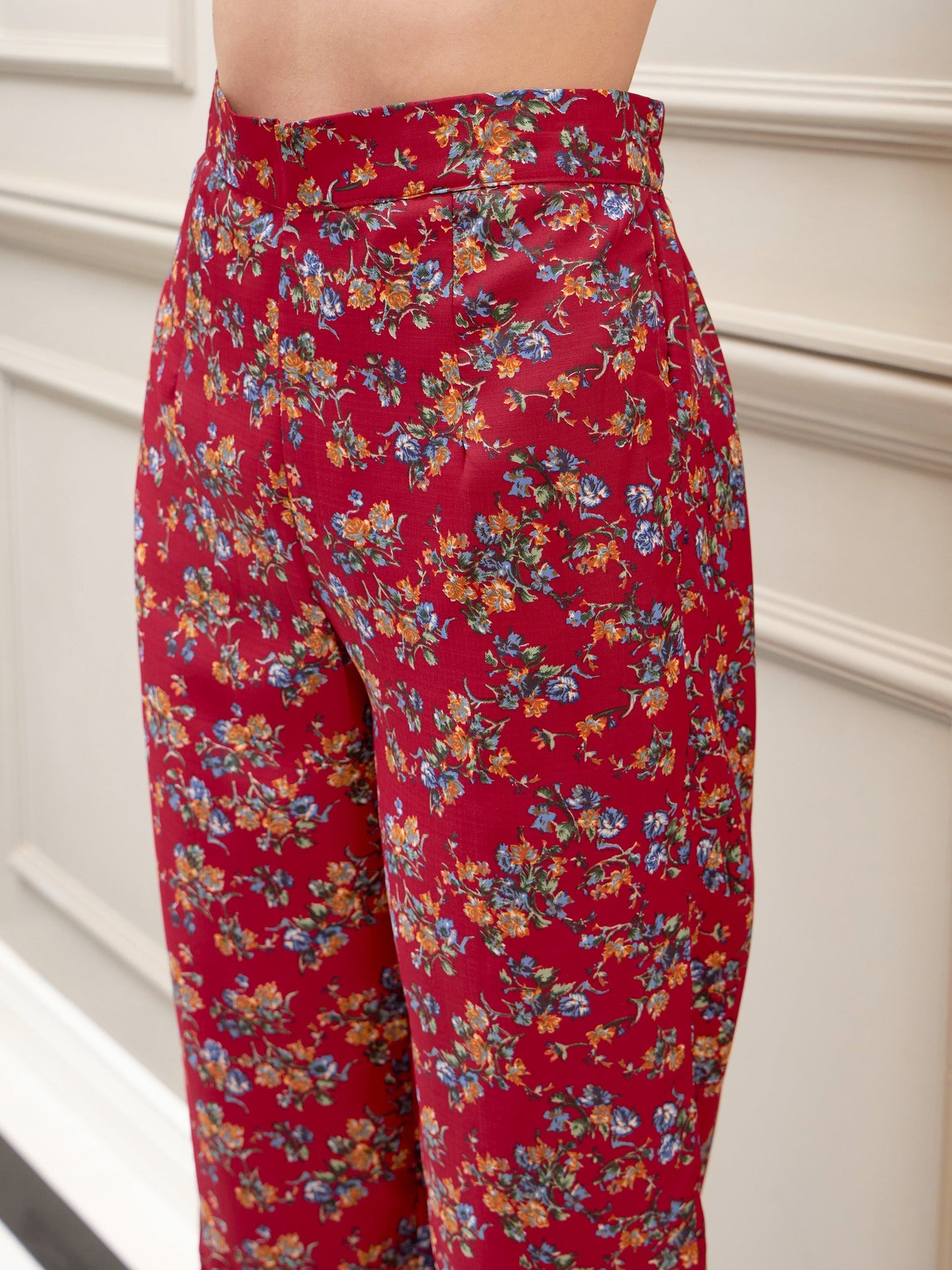 Red Floral Notch Shirt With Lounge Pants & Strappy Top