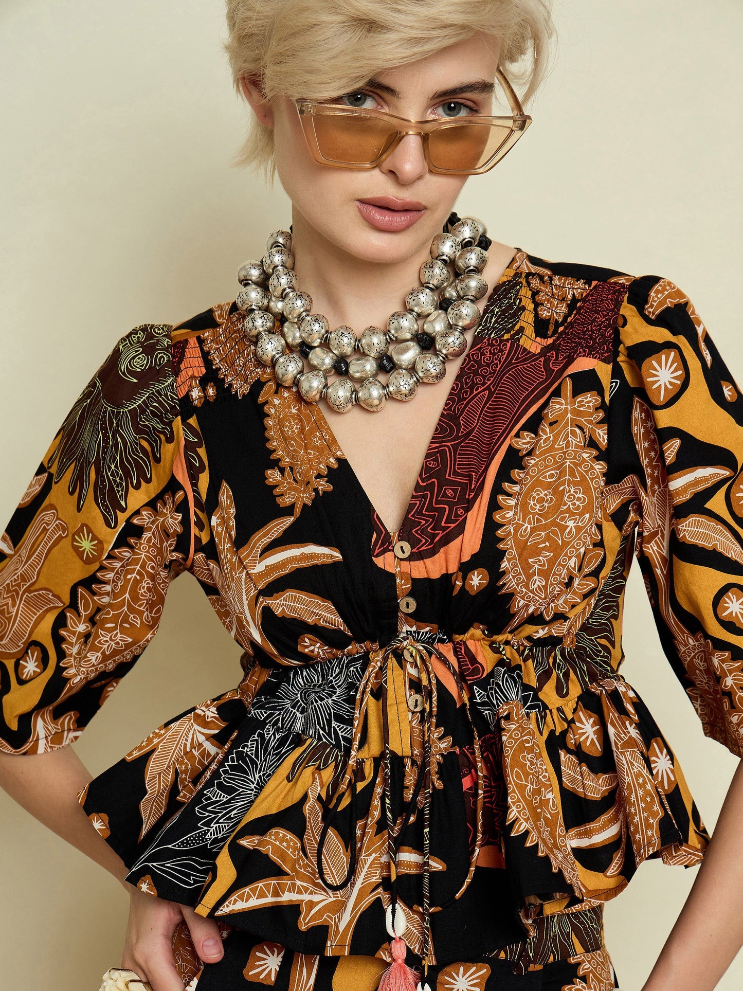 Women Black Boho Printed Peplum Top With Skirt