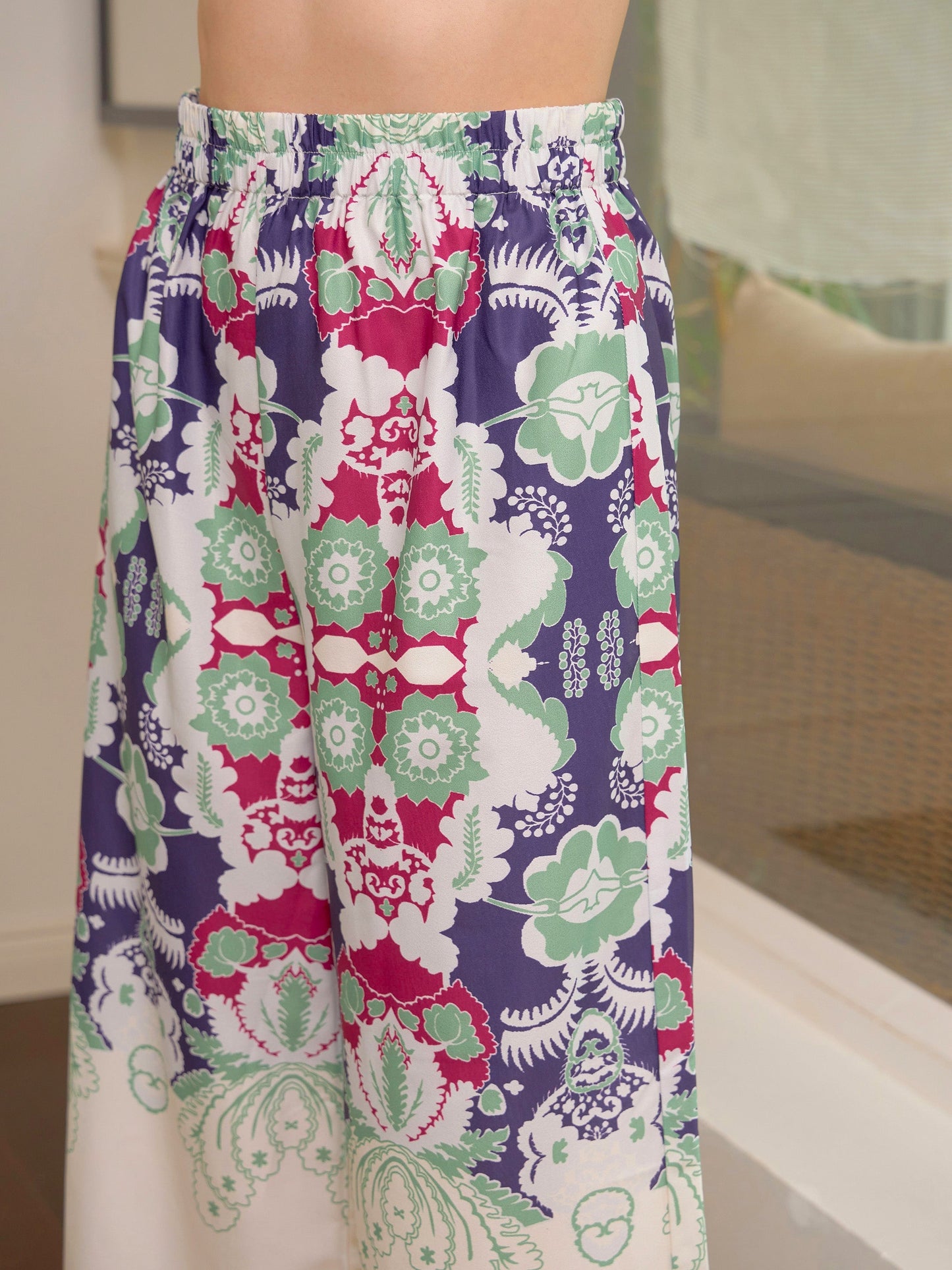 Green & Magenta Floral Notch Shirt With Lounge Pants