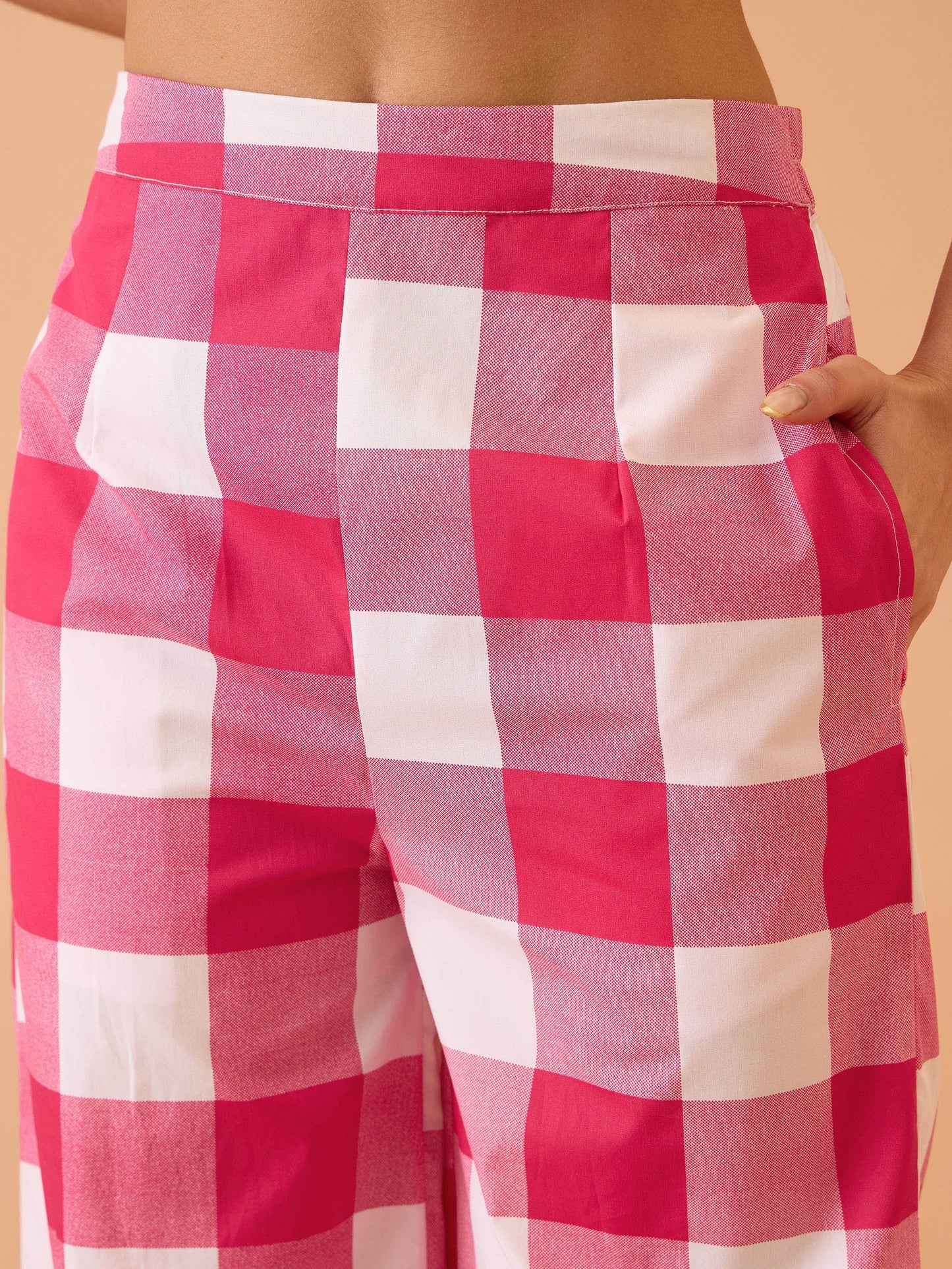 Women Pink Big Check Schiffli Shirt With Wide Pants