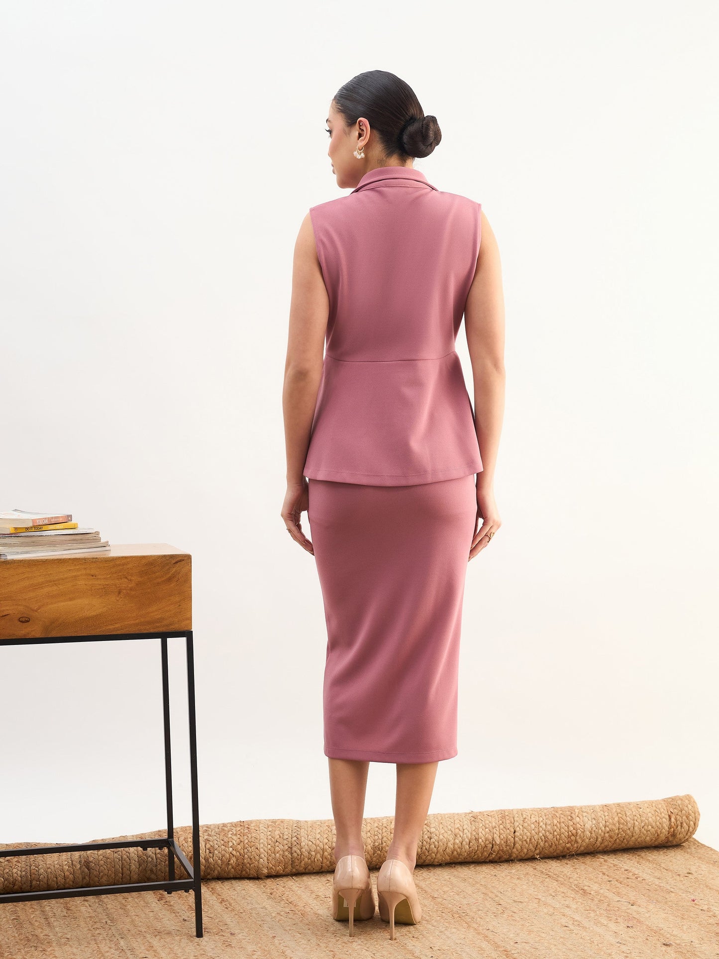 Pink Sleeveless Notched Button Top With Skirt