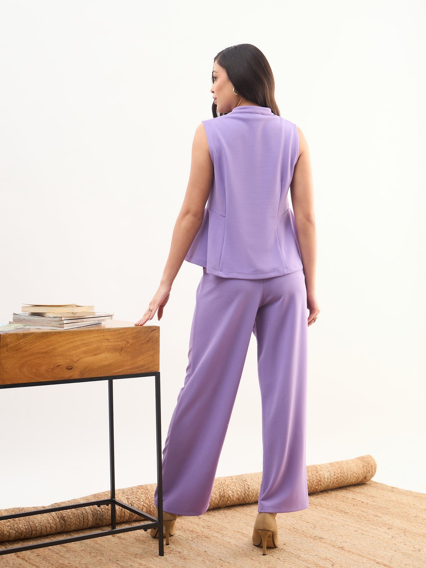 Women Purple Rhombus Neck Top With Cross Pocket Pants
