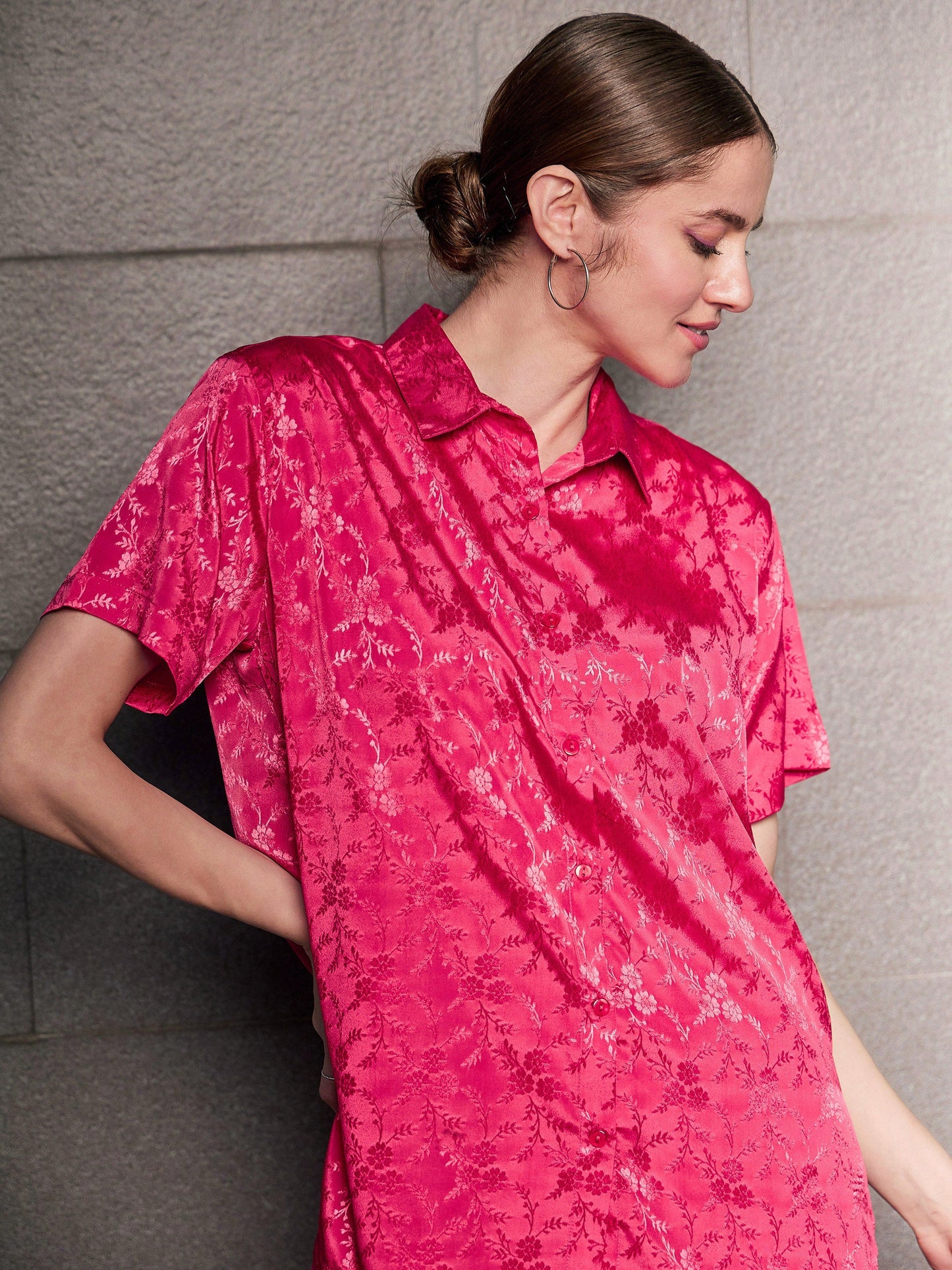 Magenta Jacquard Loose Fit Shirt With Straight Pants