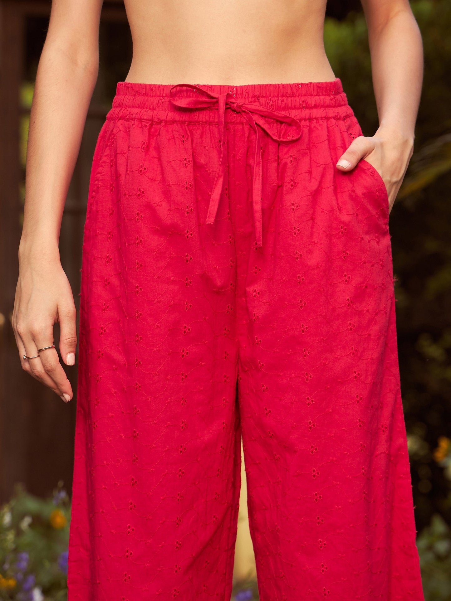 Women Red Schiffli Crop Shirt With Wide Leg Pants