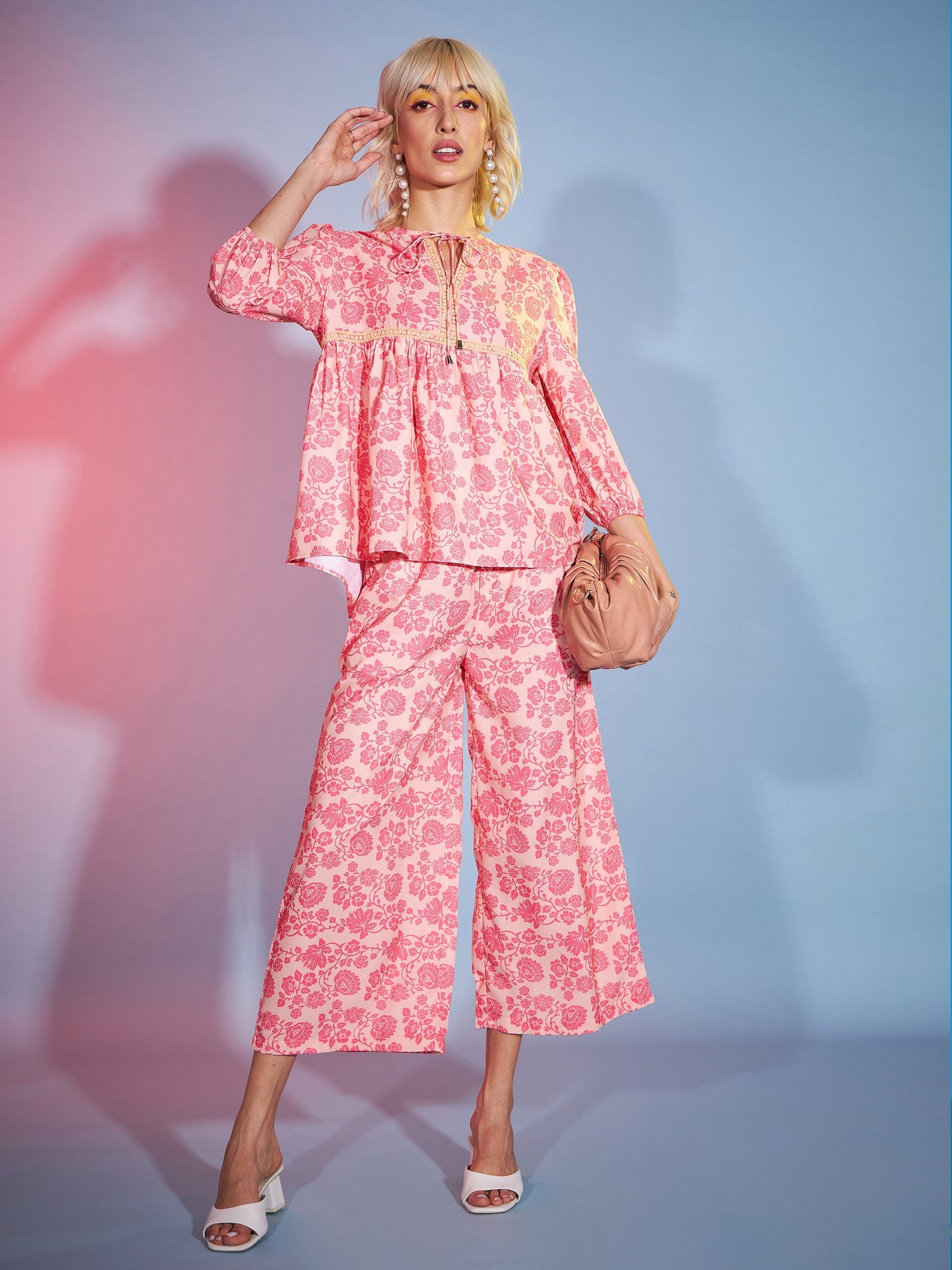 Peach Floral Lace Peplum Top With Straight Pants