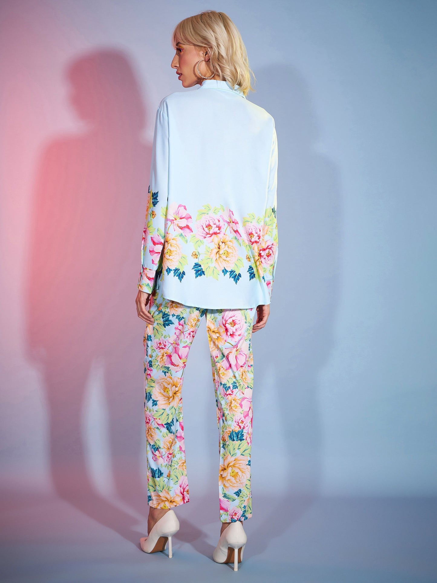 Women Turquoise Floral Oversized Shirt With Tapered Pants