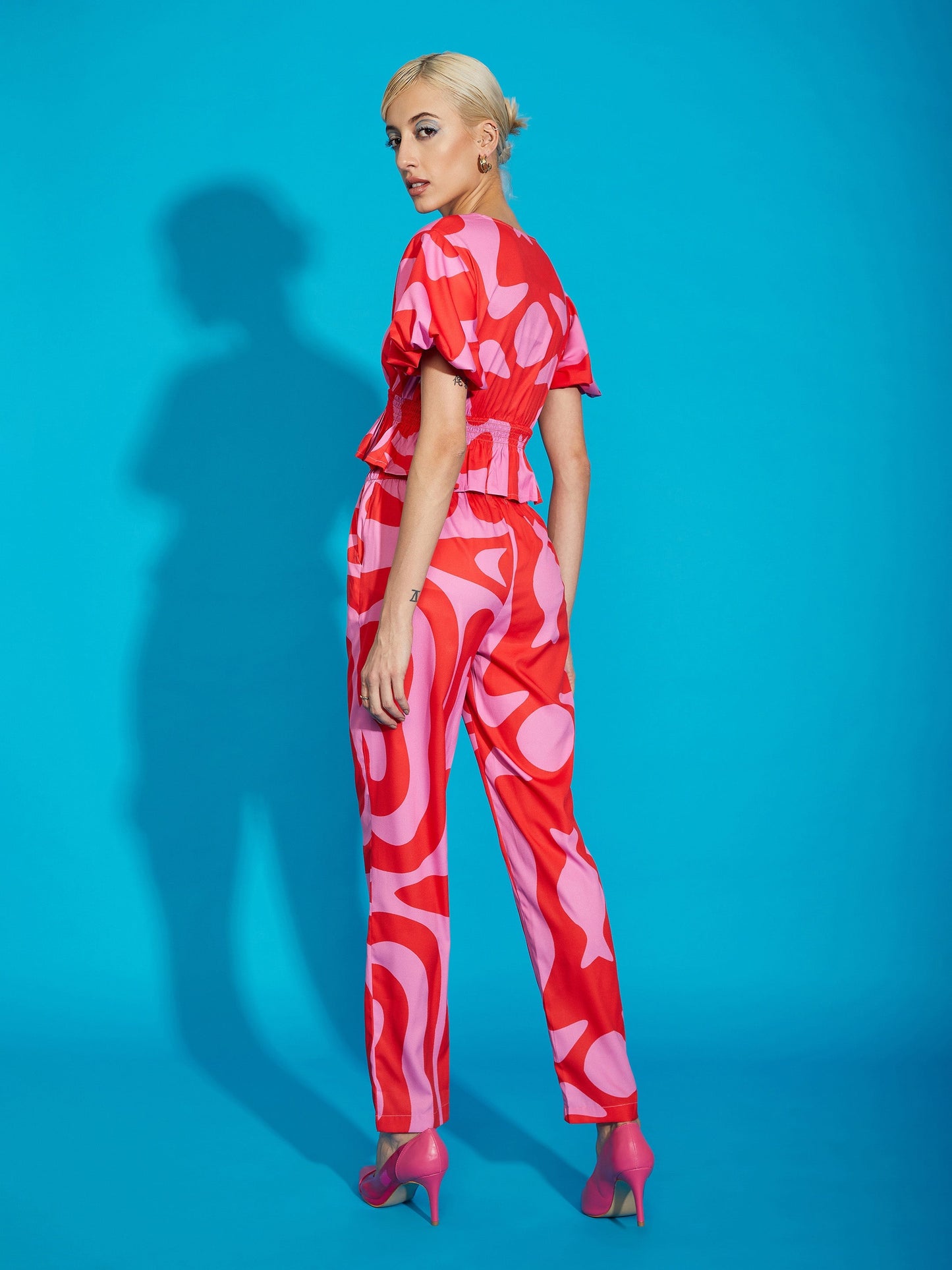 Pink Abstract Print Peplum Top With Tapered Pants