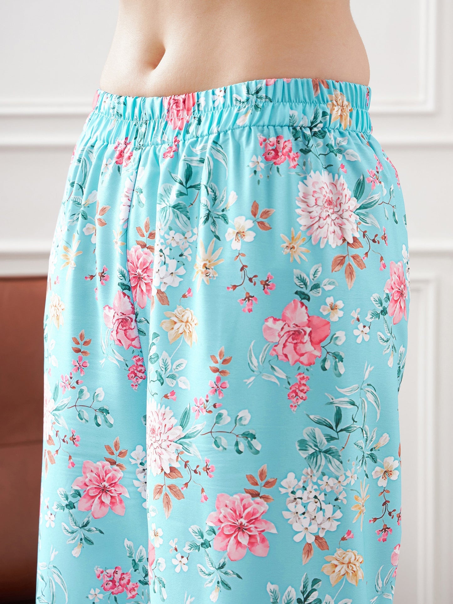 Turquoise & Magenta Floral Notch Collar Shirt With Lounge Pants