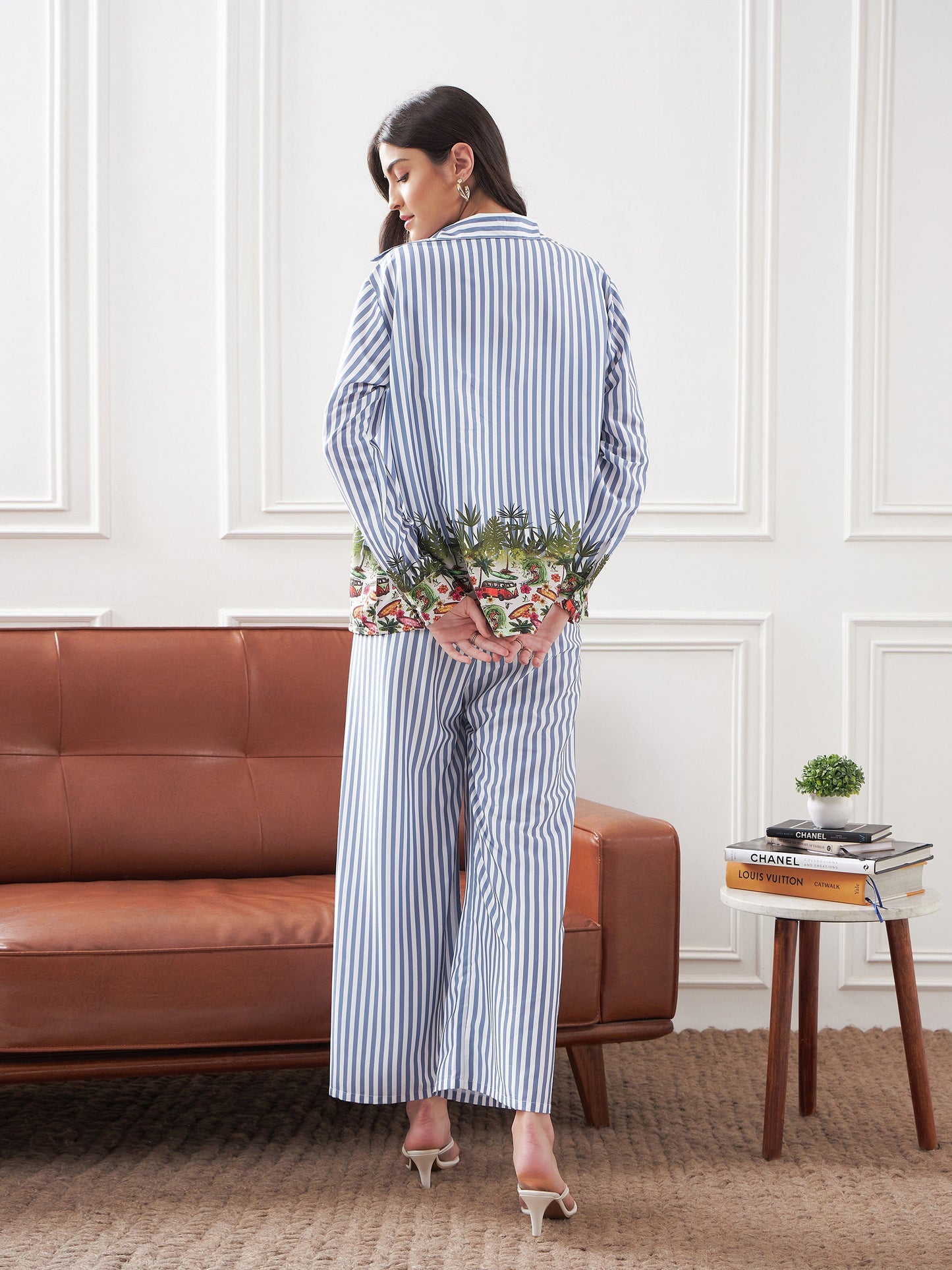 Blue Stripes Notch Collar Shirt With Lounge Pants