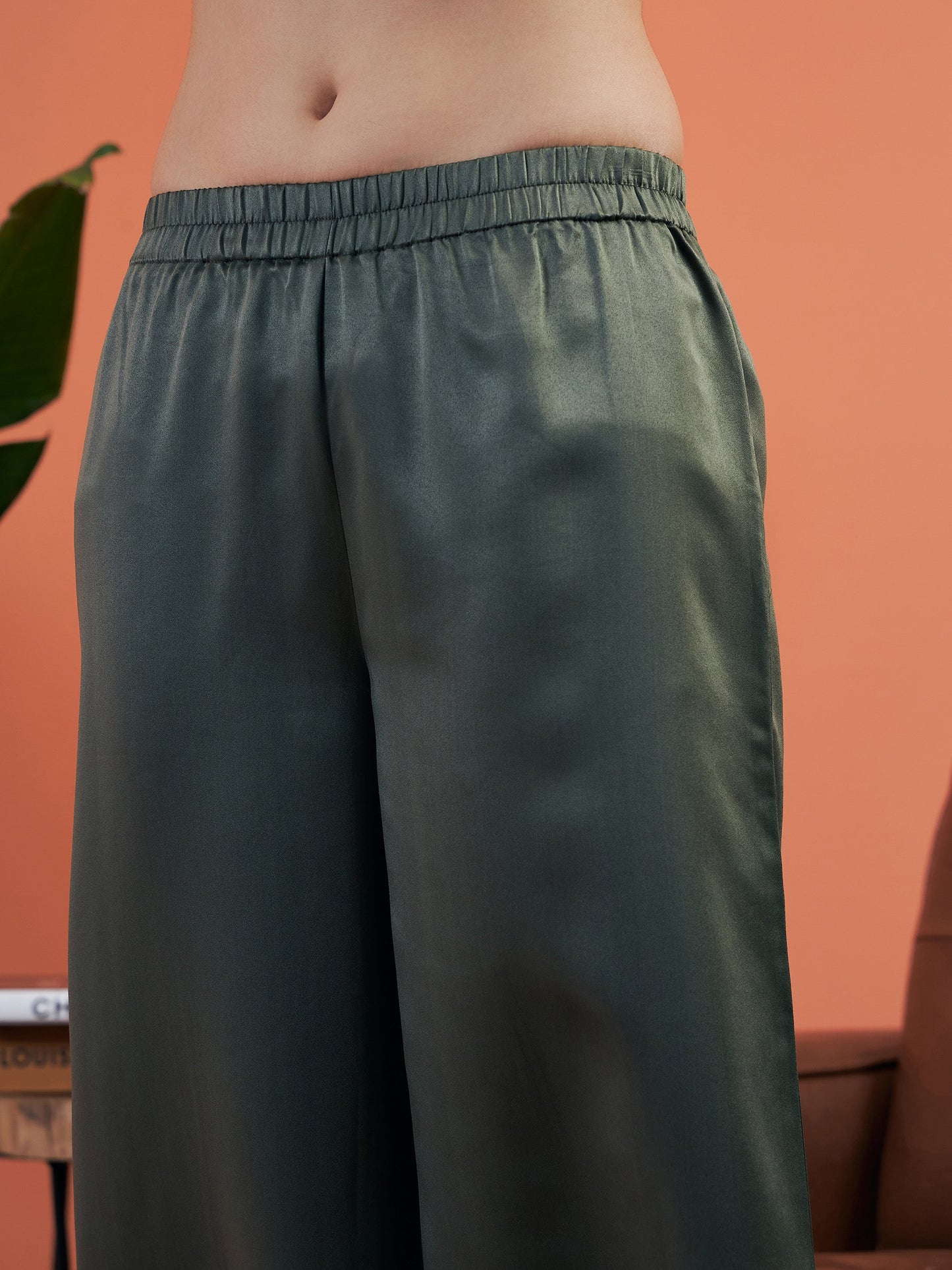 Olive Satin Notch Collar Shirt With Lounge Pants