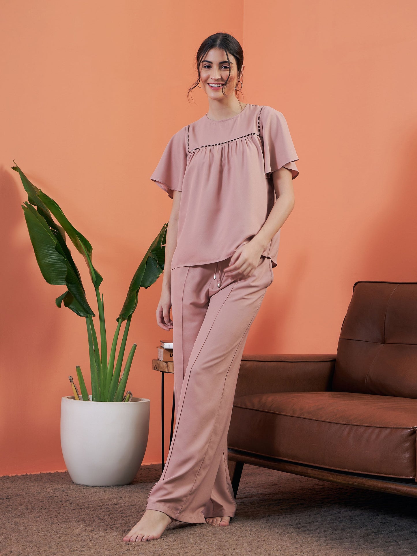Pink Lace Insert Top With Lounge Pants