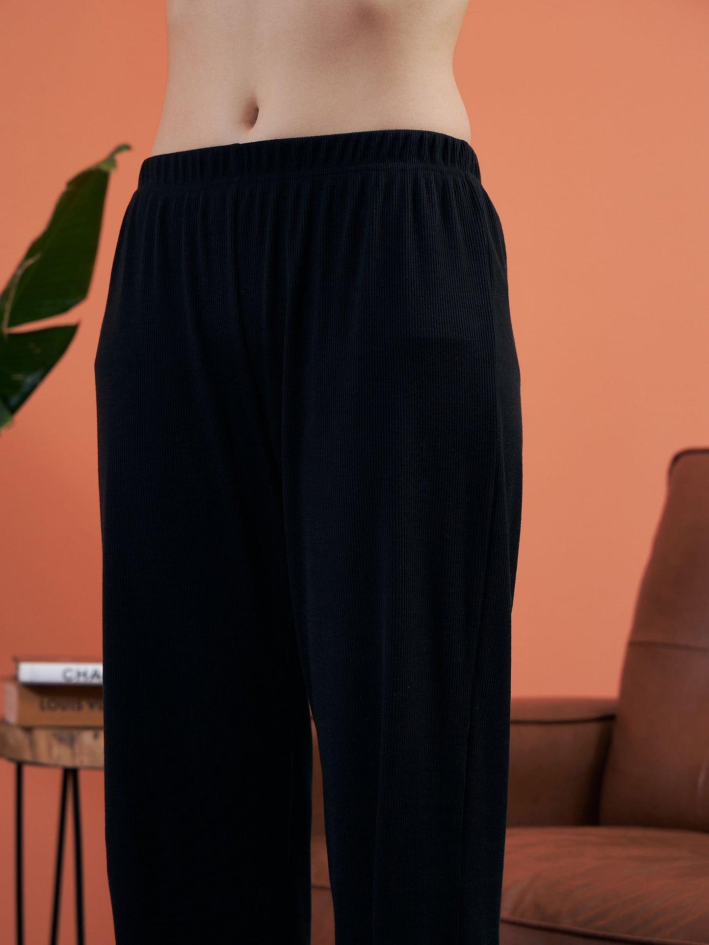 Black Rib Shirt With Lounge Pants