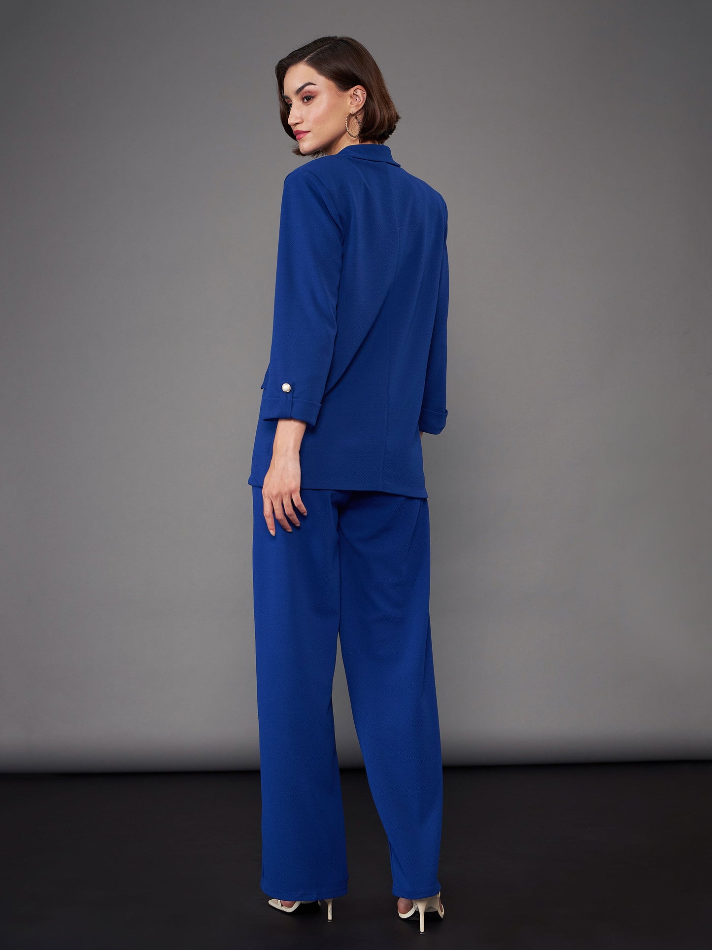 Women Royal Blue Front Button Blazer With Pleated Pants