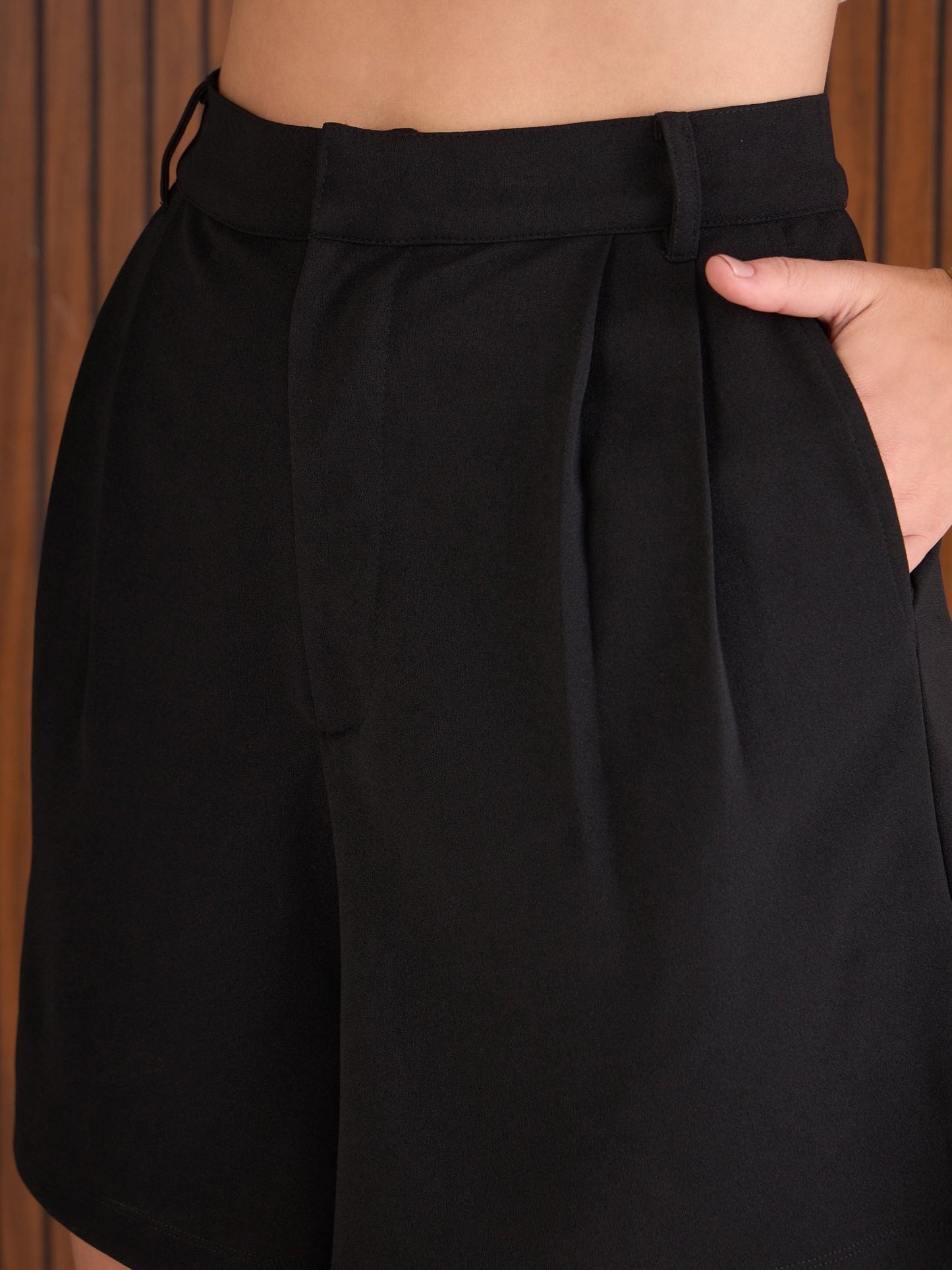 Women Black Front Pleated Shorts