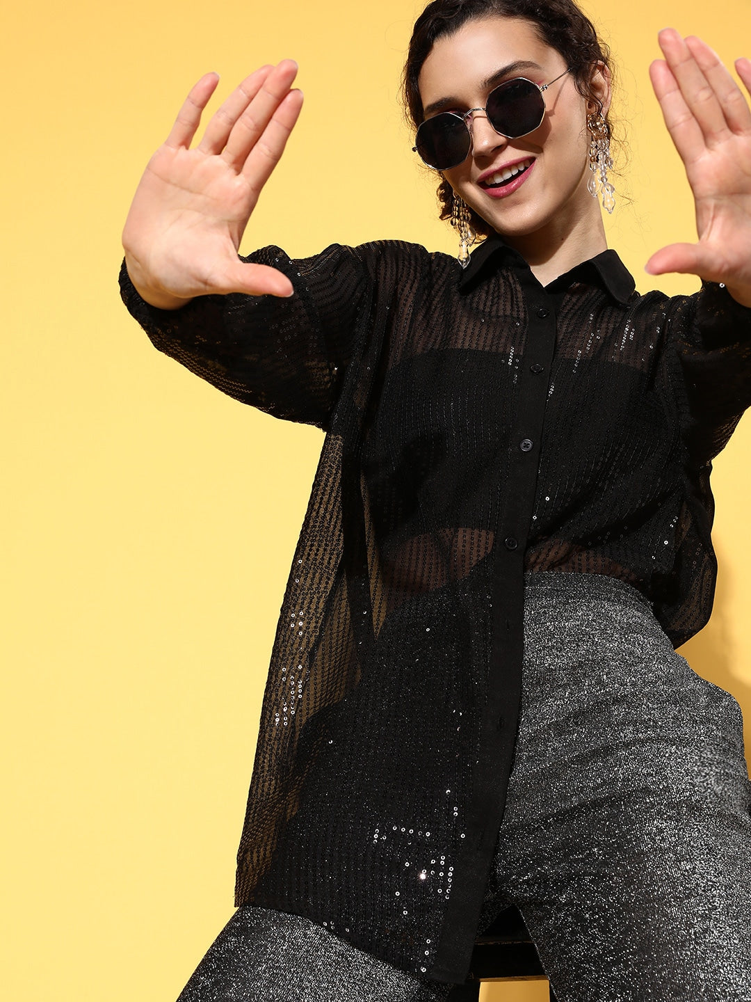 Women Black Sequin Shirt