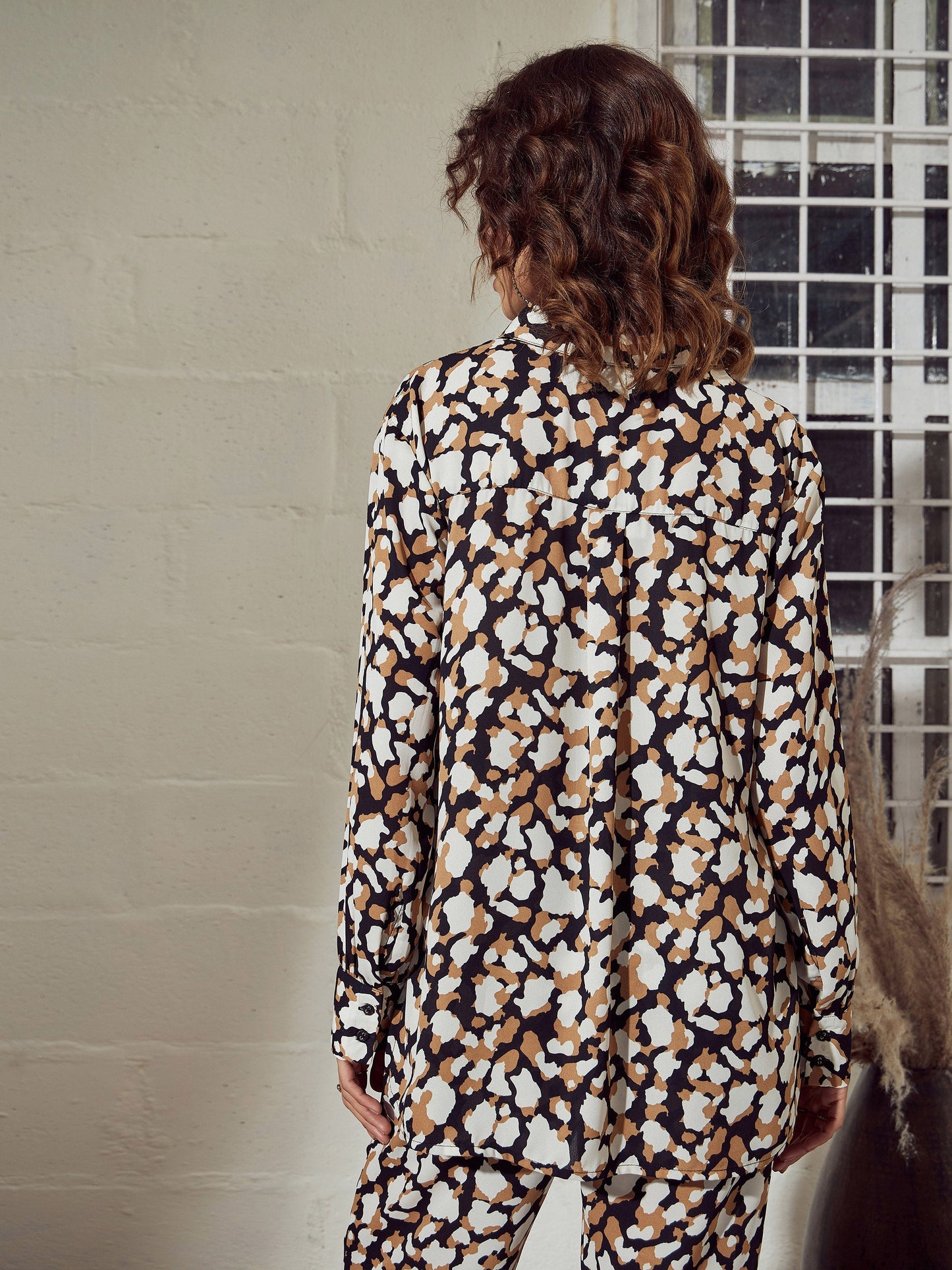 Beige Abstract Print Oversized Shirt