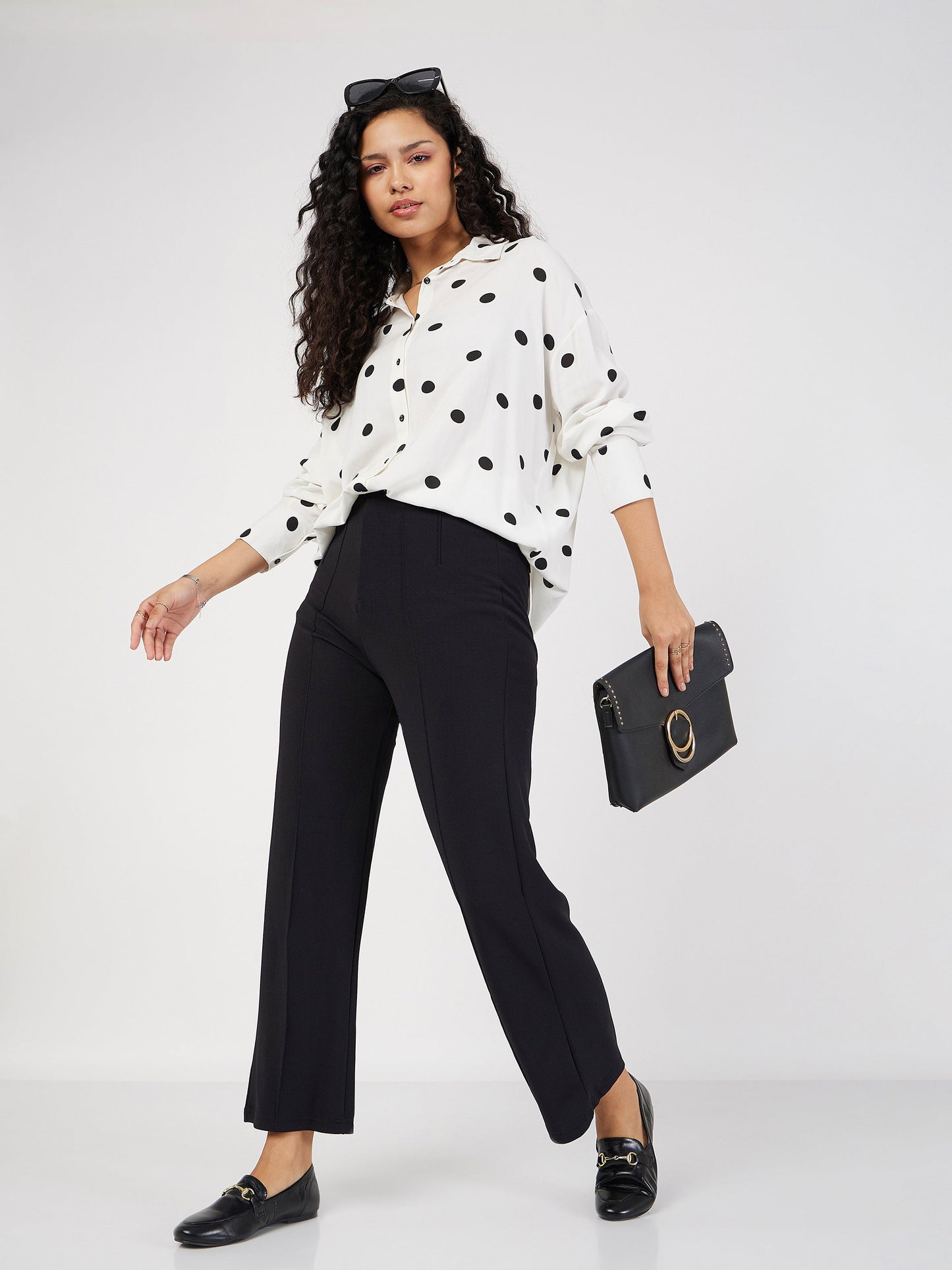 Women White & Black Polka Dot Oversize Shirt