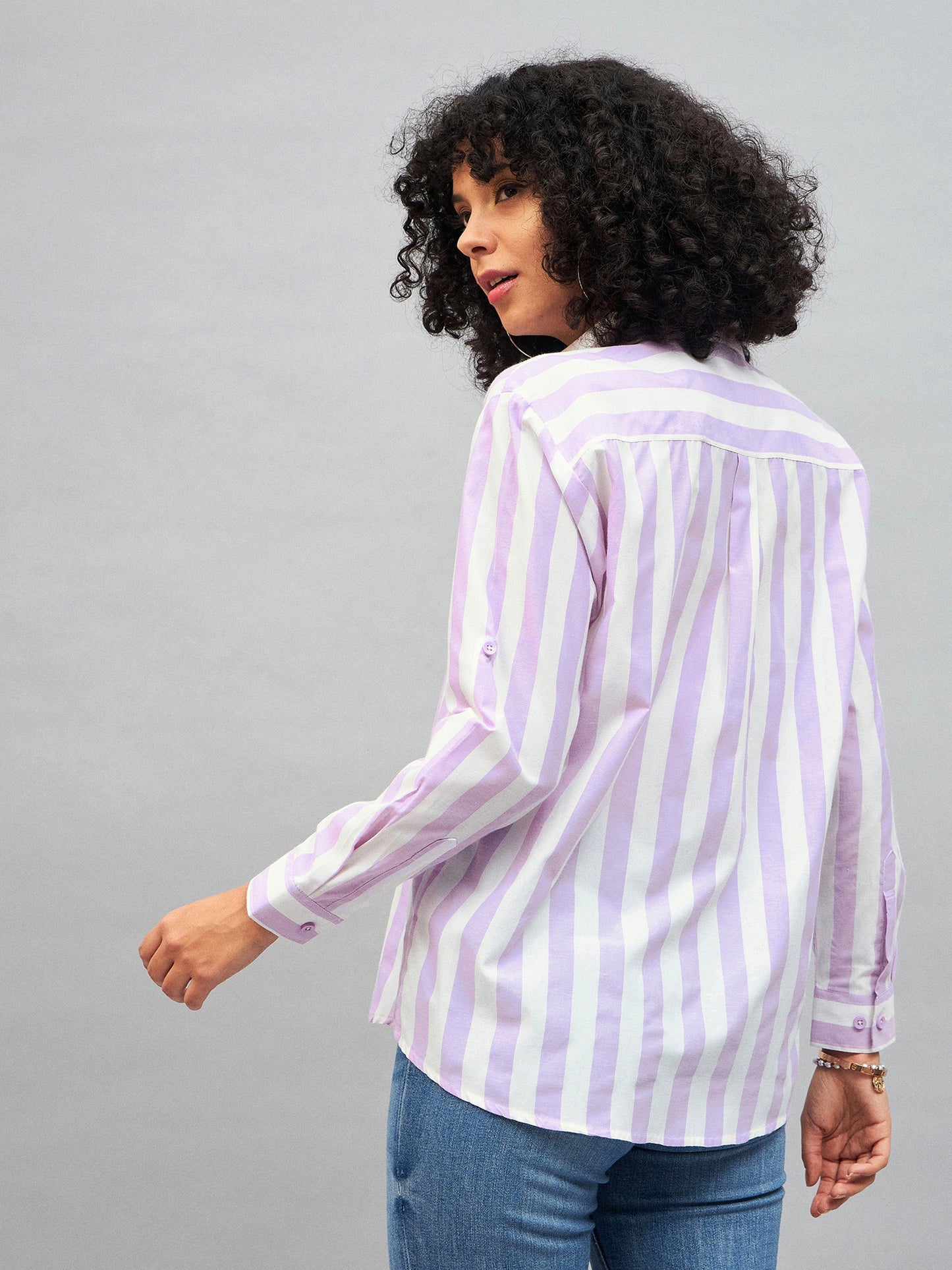 Purple & White Cotton Striped Regular Shirt