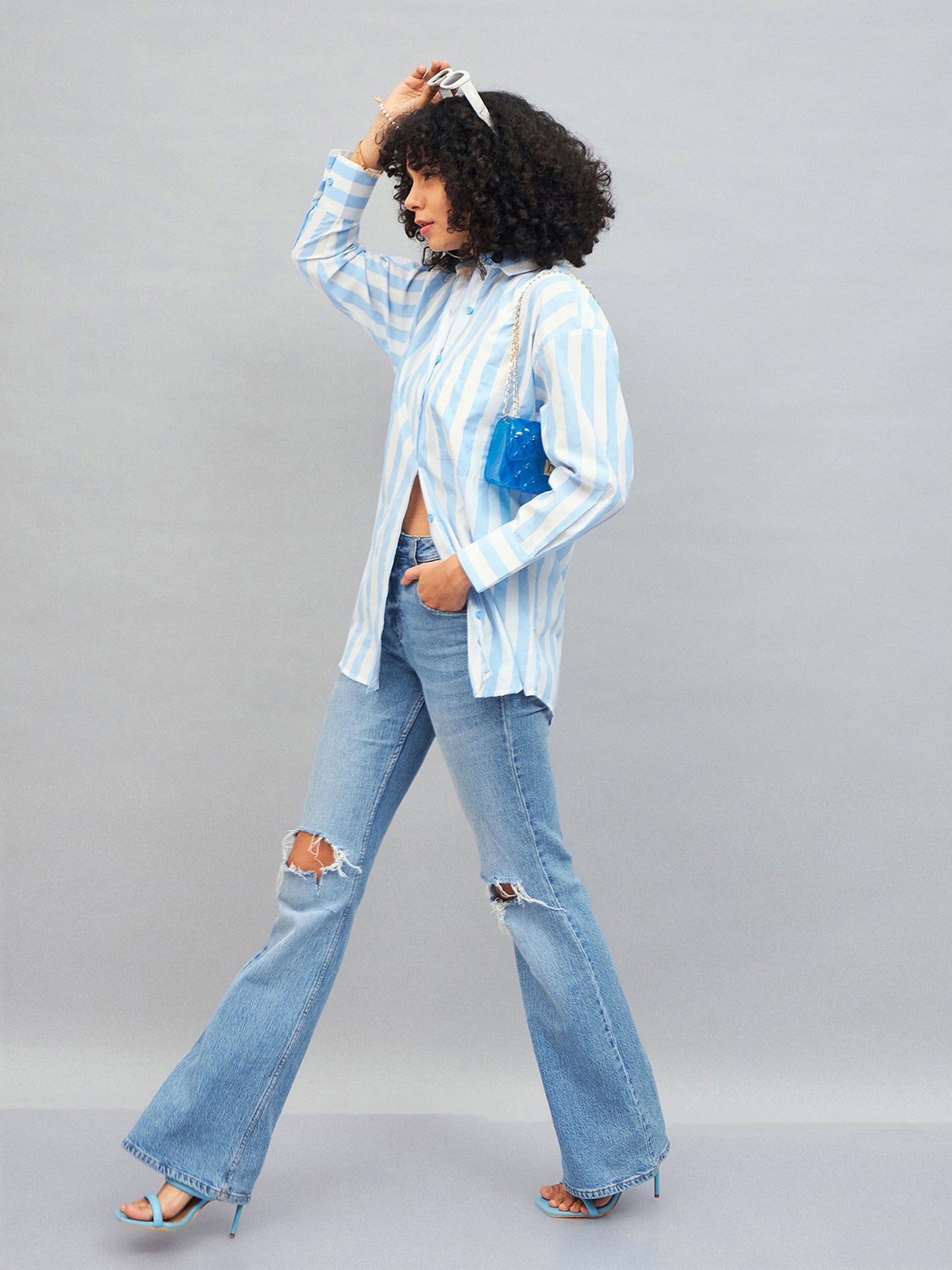 Blue & White Cotton Striped Oversized Shirt
