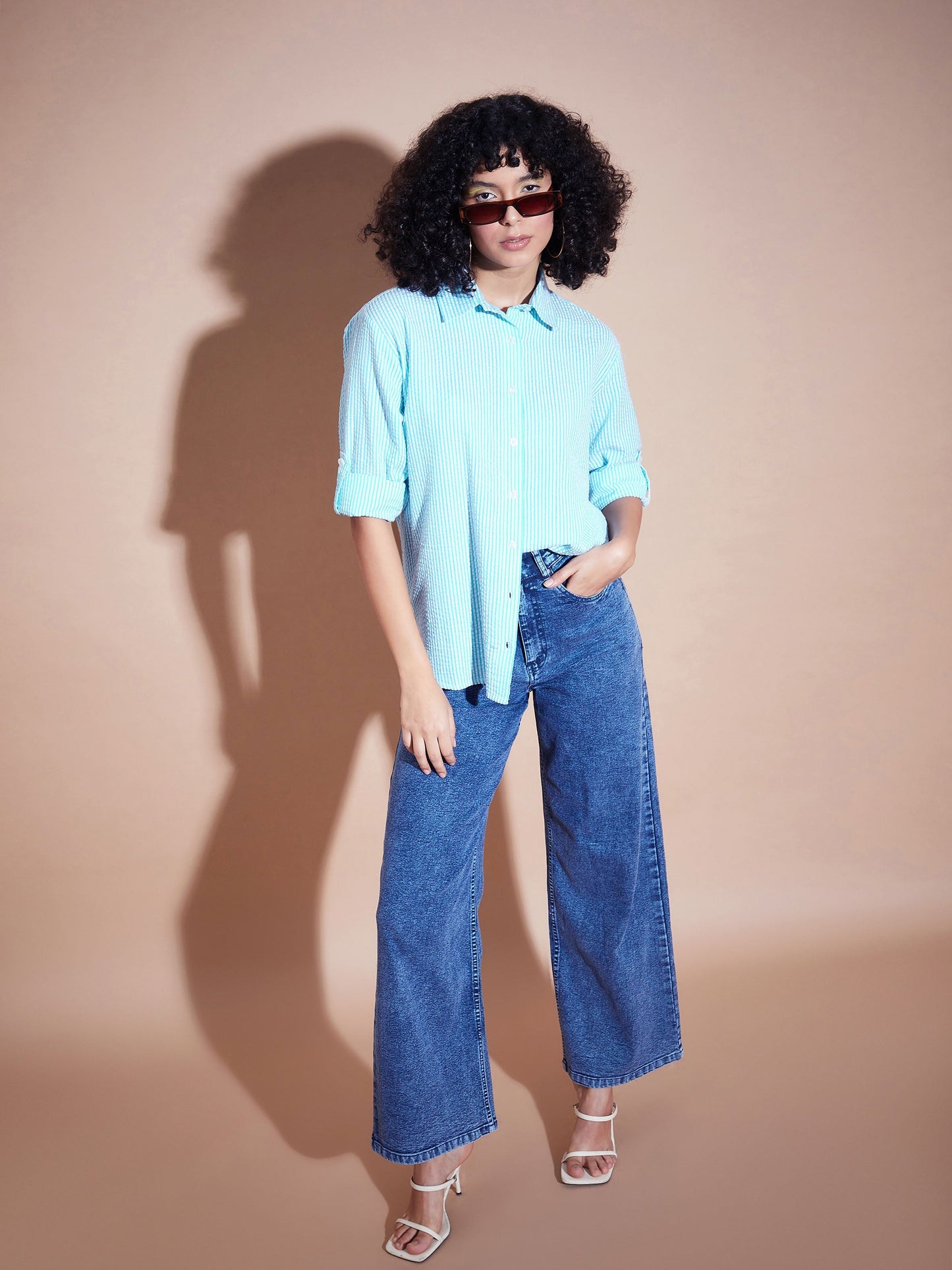 Blue Seersucker Pinstriped Oversized Shirt