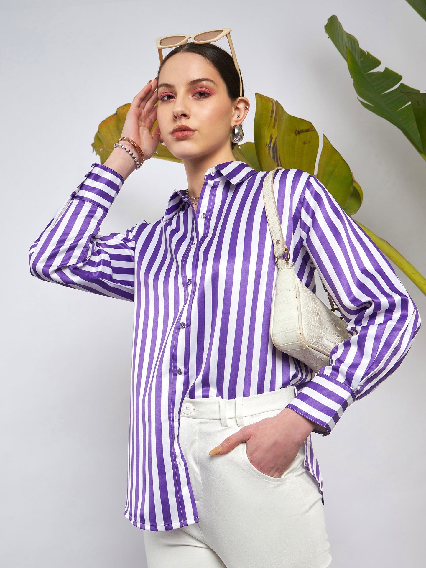 Purple & White Satin Striped Shirt