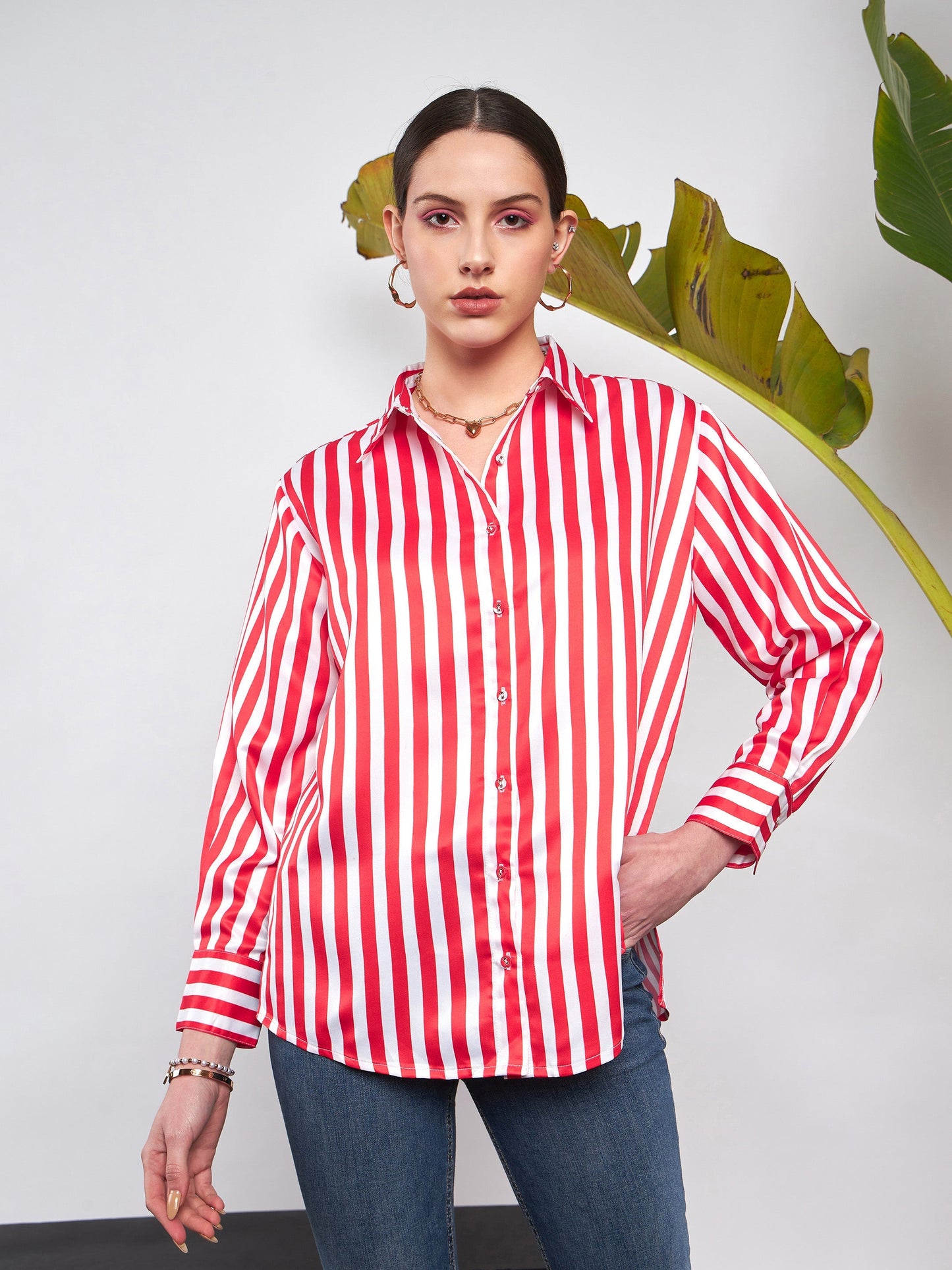 Red & White Satin Striped Shirt