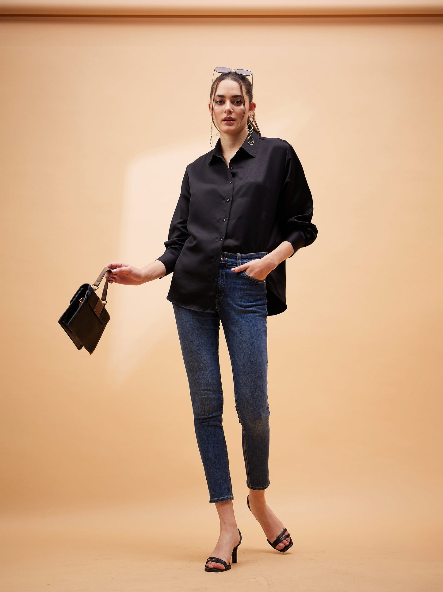 Black Solid Satin Regular Shirt