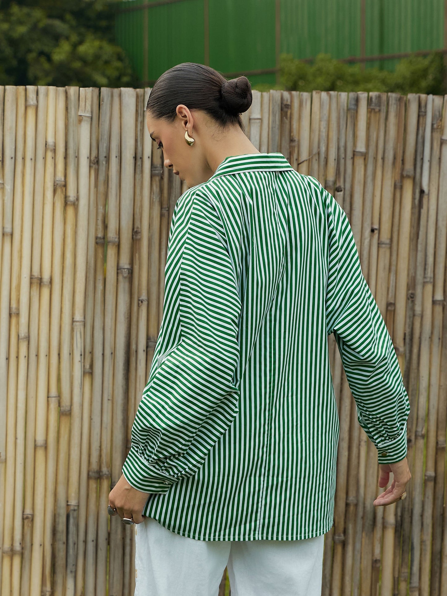 Women Green & White Stripe Oversized Shirt