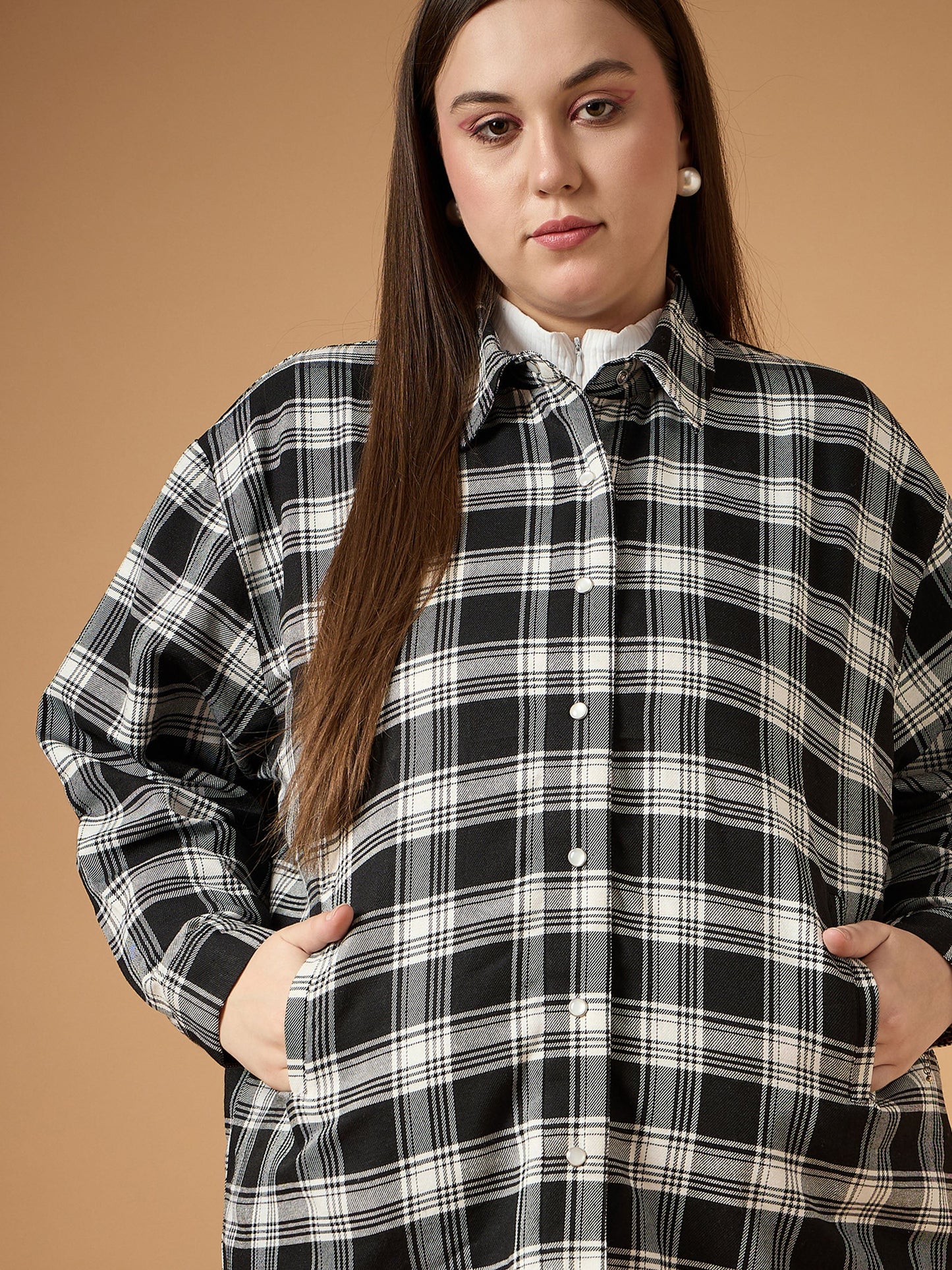 Black & White Flannel Check Front Button Shacket