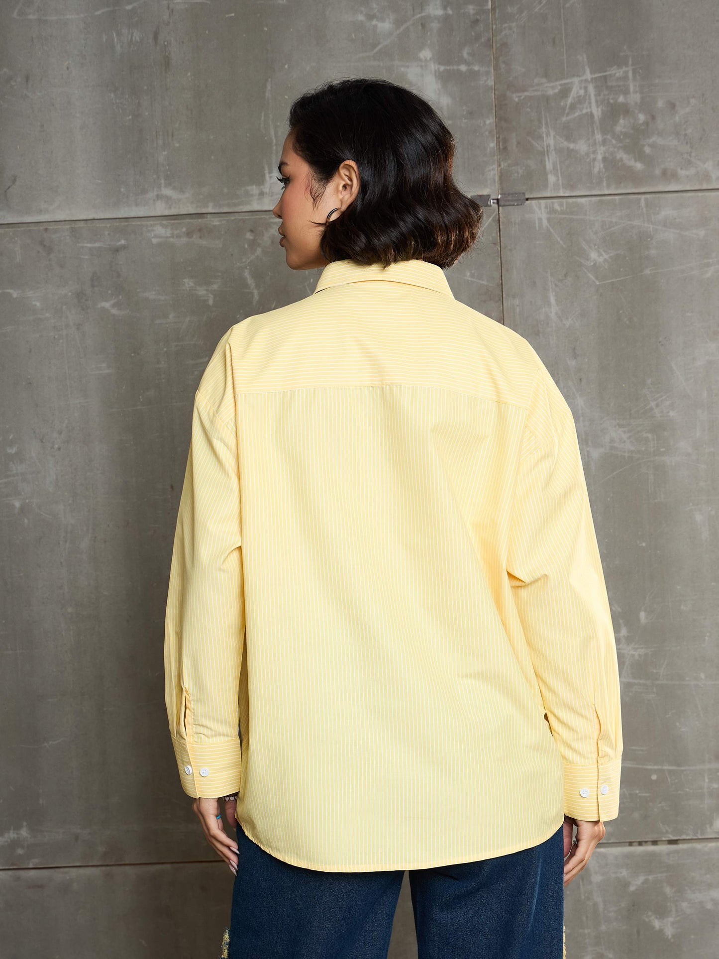 Women Yellow & White Striped Oversized Shirt
