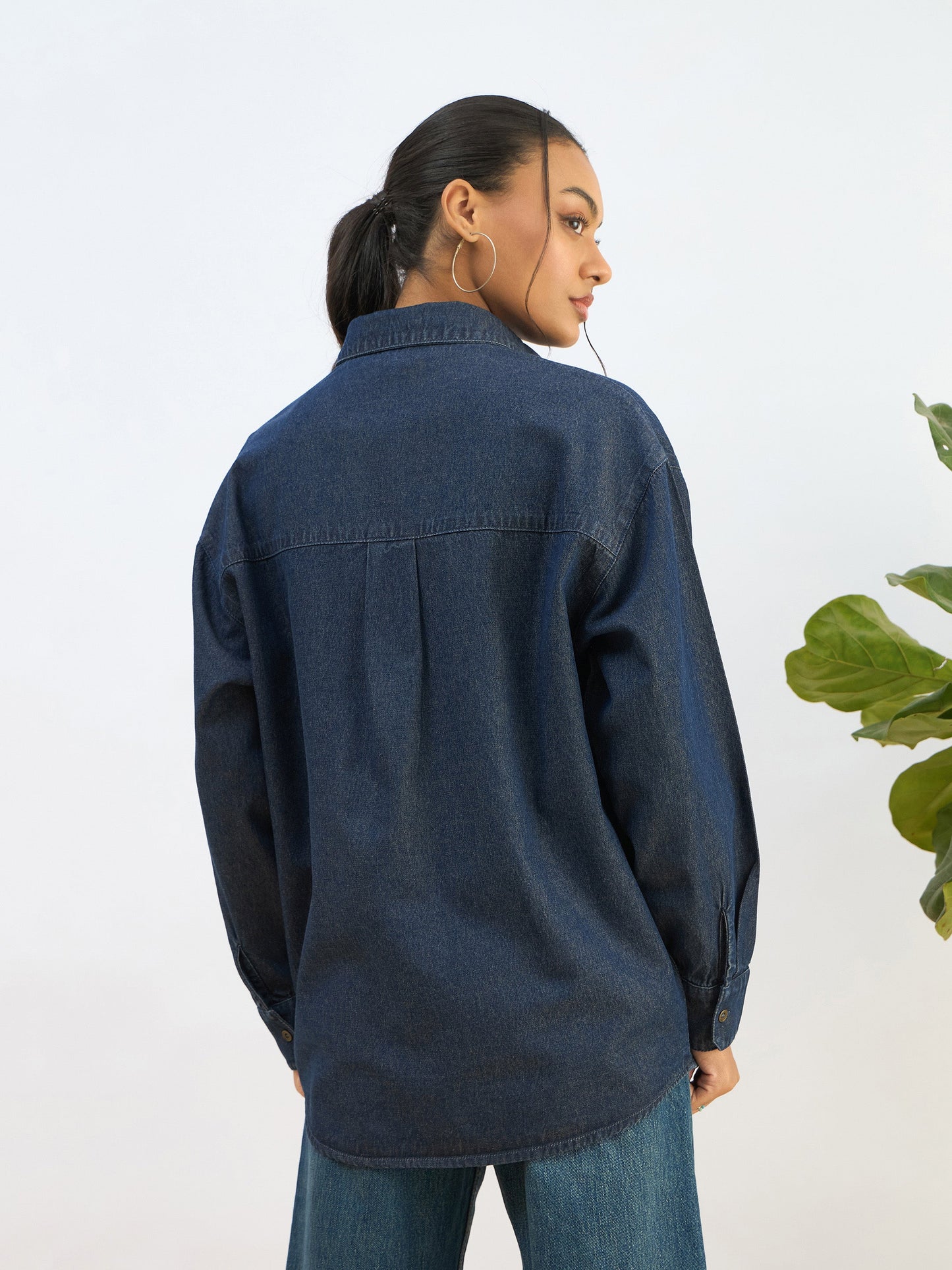 Women Blue Washed Denim Oversized Shirt