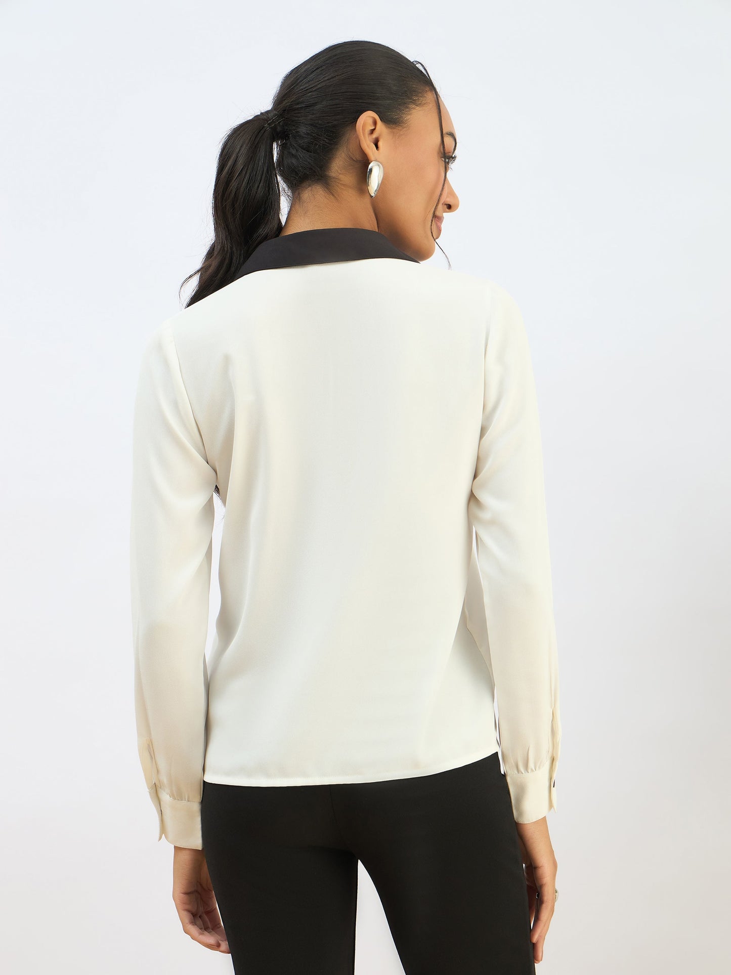 Women White Contrast Collar Regular Shirt