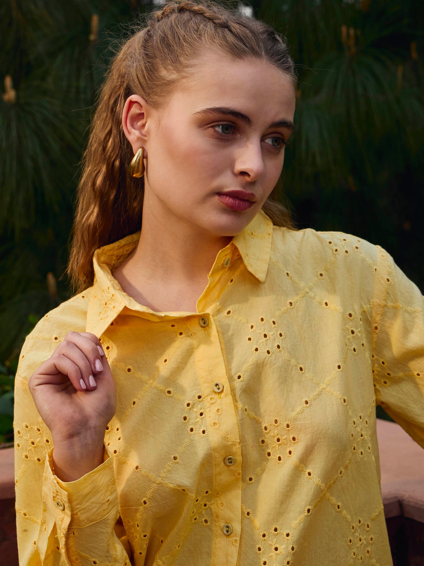 Women Yellow Schiffli Full Sleeve Regular Shirt
