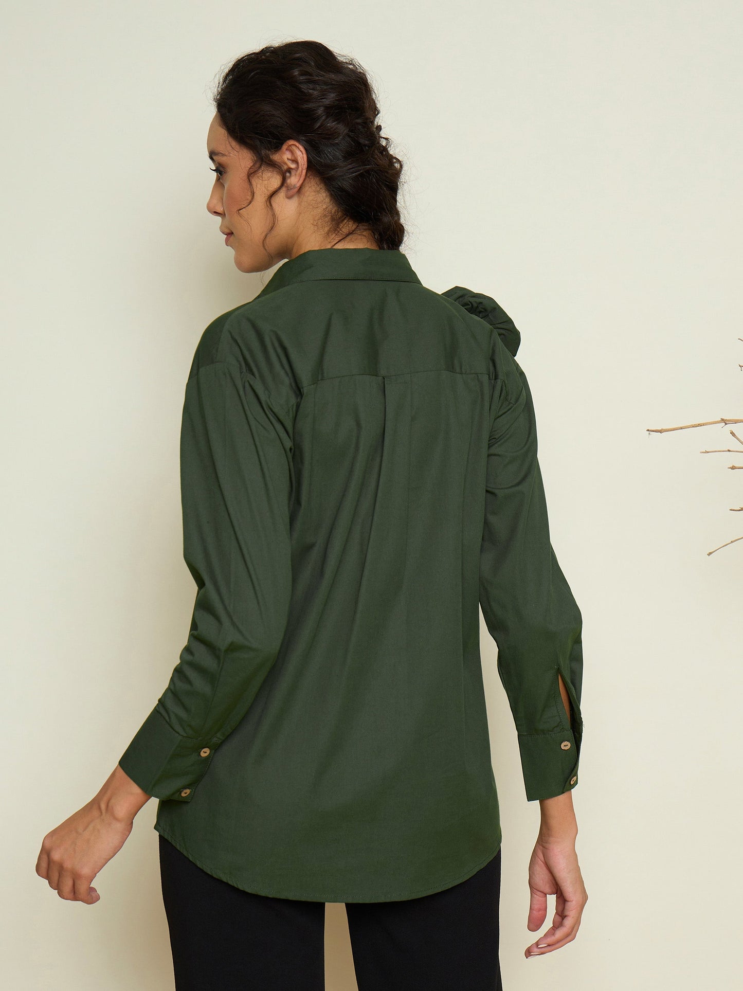 Women Olive Poplin Shoulder Corsage Regular Shirt