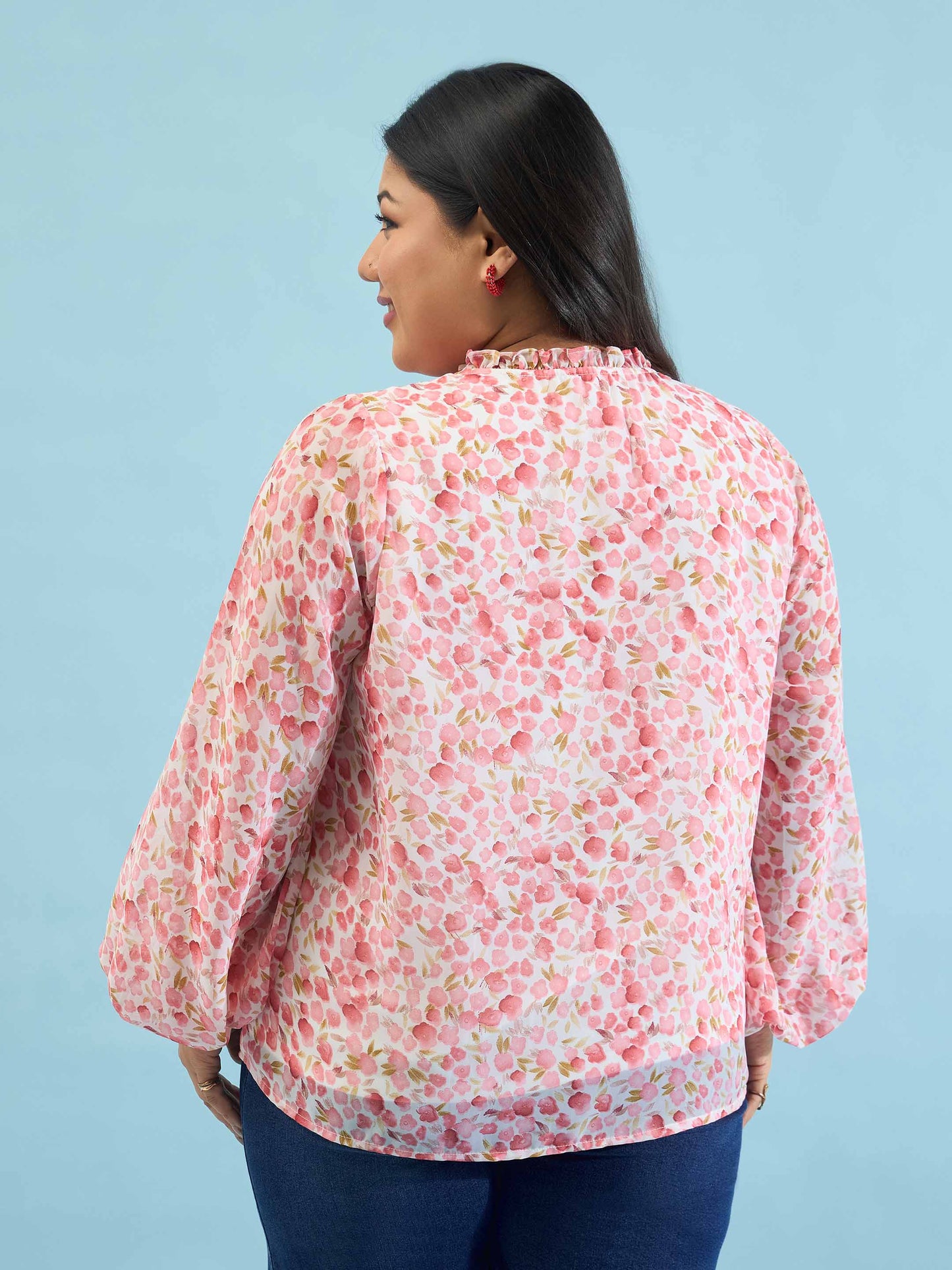 Pink Floral Ruffle Neck Regular Shirt