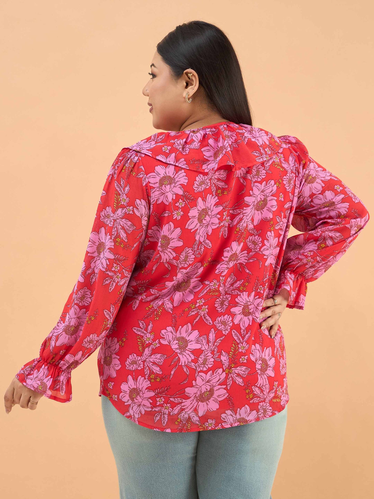 Red Floral Frill Neck Regular Shirt