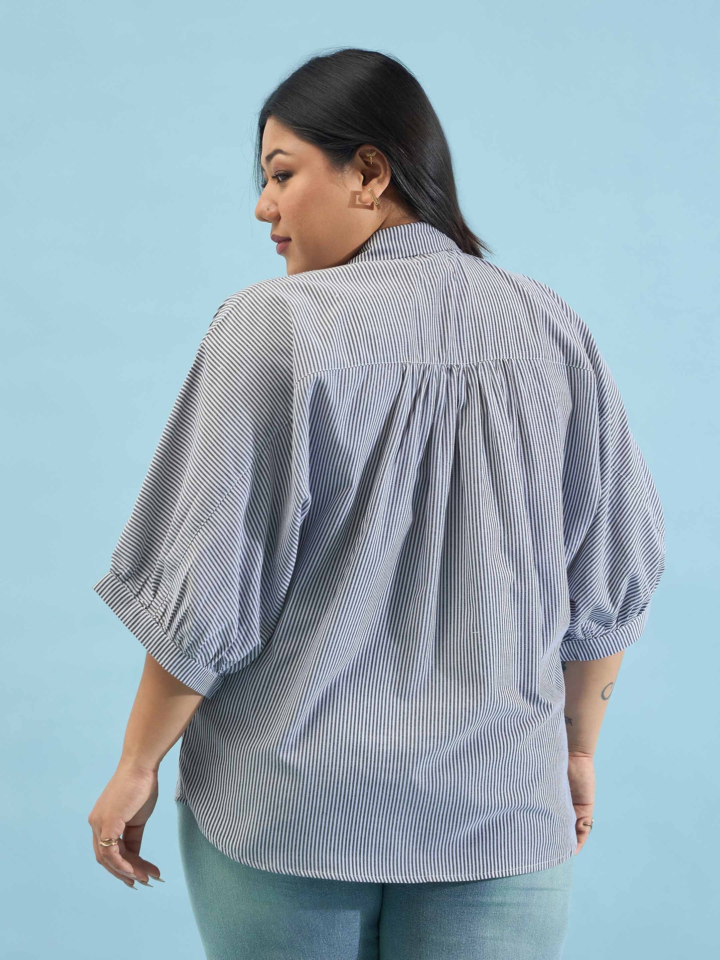 Black Stripes Kimono Sleeves Regular Shirt