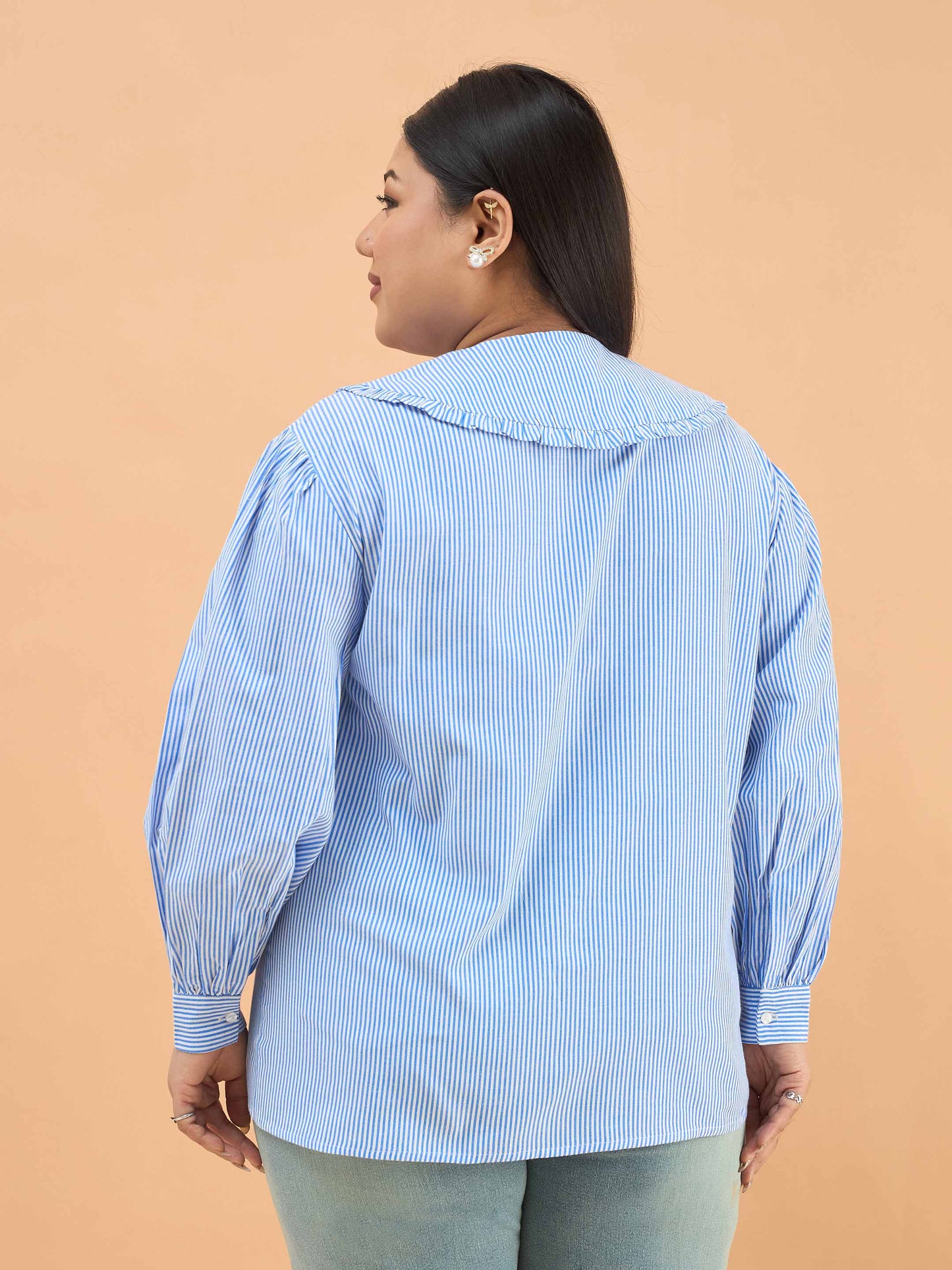Navy Stripes Heart Print Peter Pan Regular Shirt