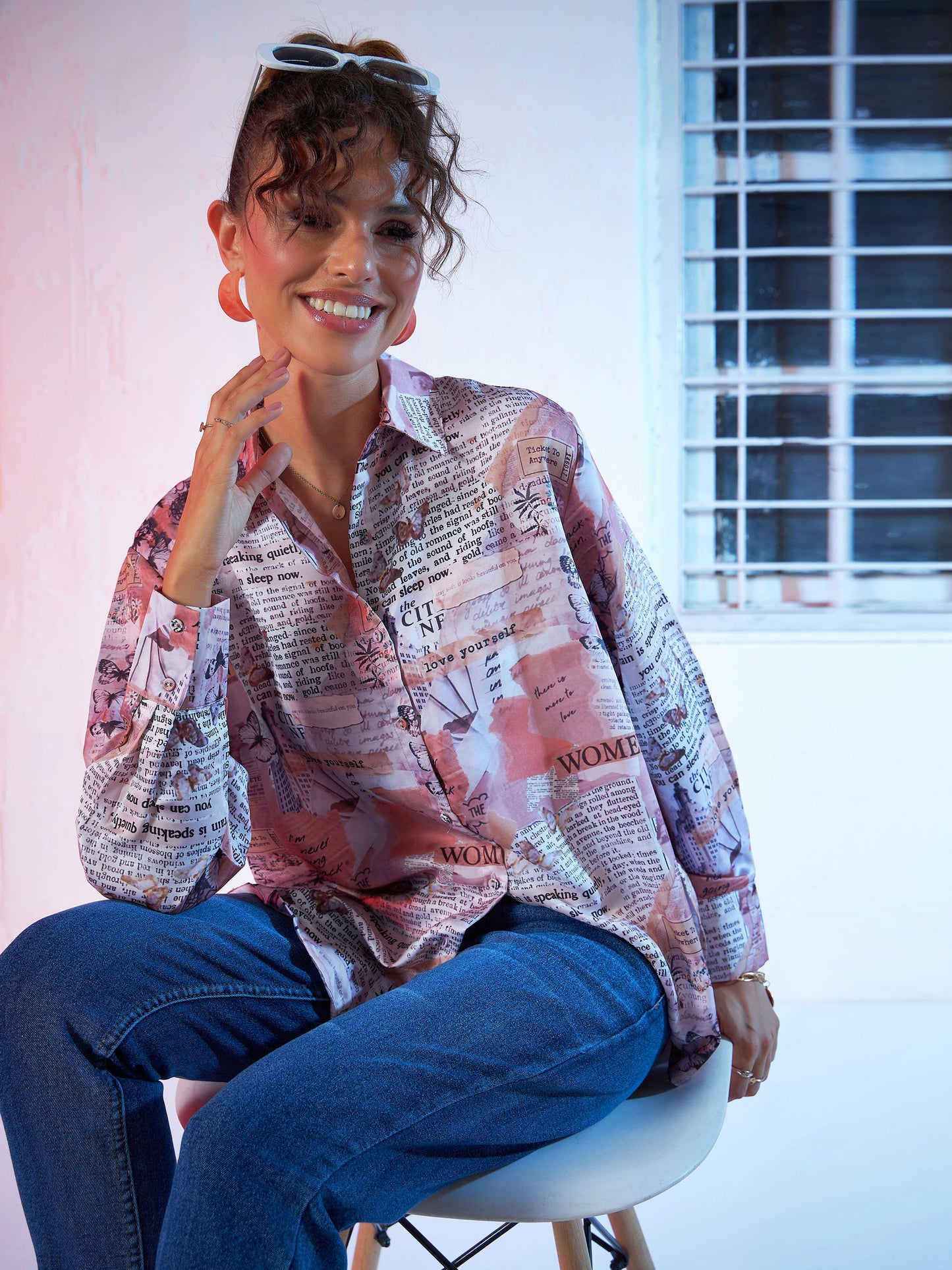 Women Beige Pink Newspaper Print Satin Shirt