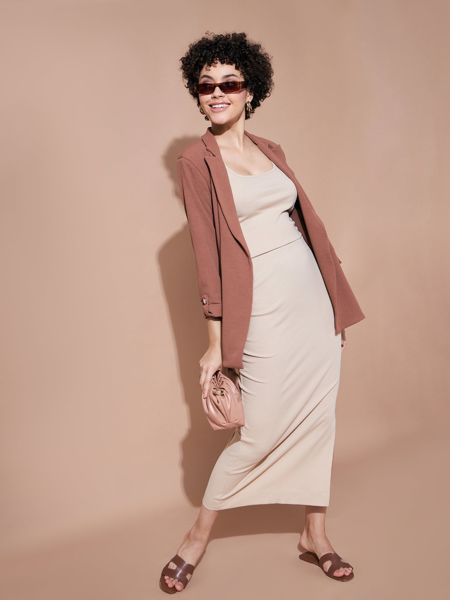 Women Beige Rib Pencil Skirt