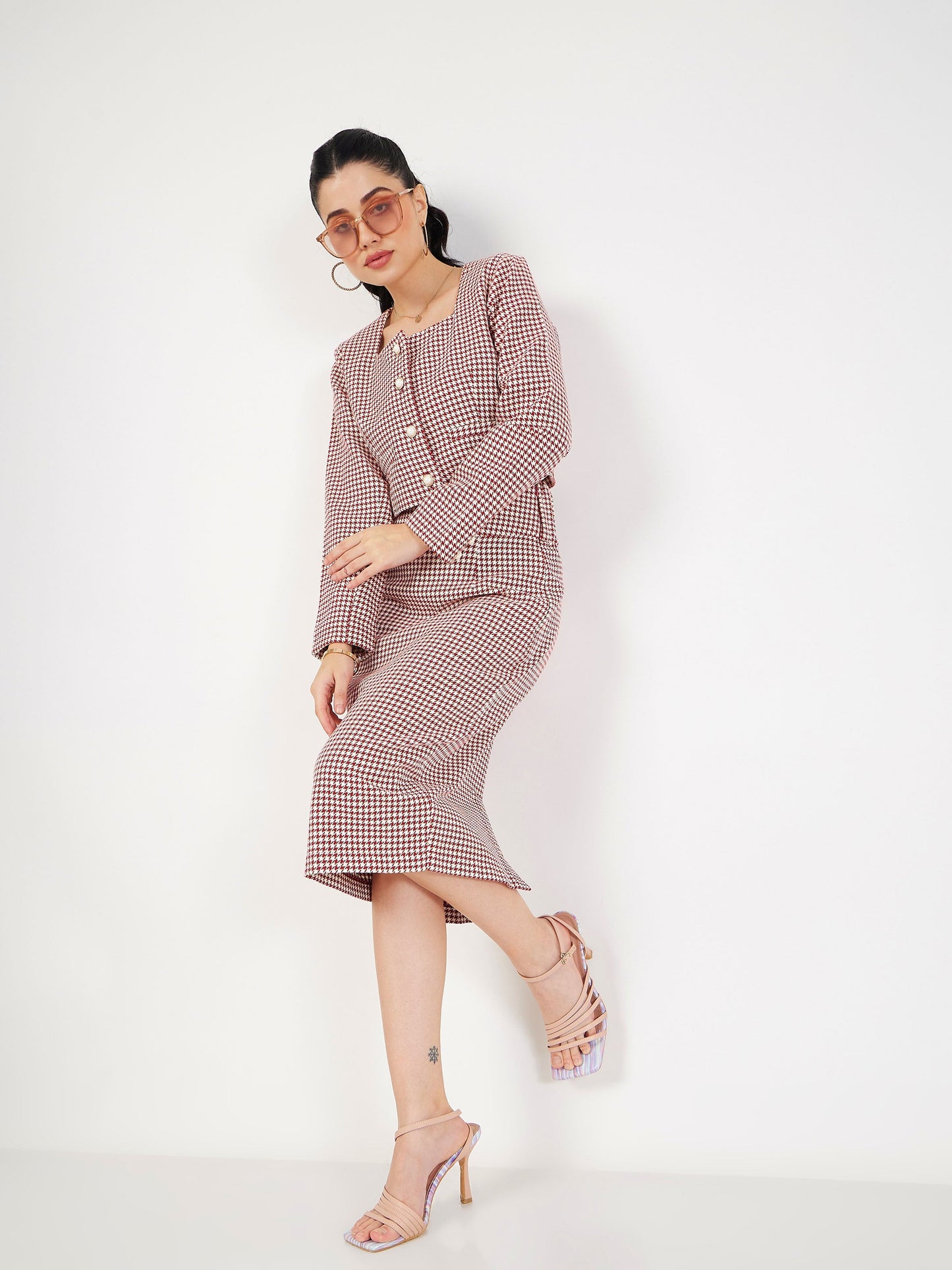 Red Houndstooth Jacquard Tweed Pencil Skirt